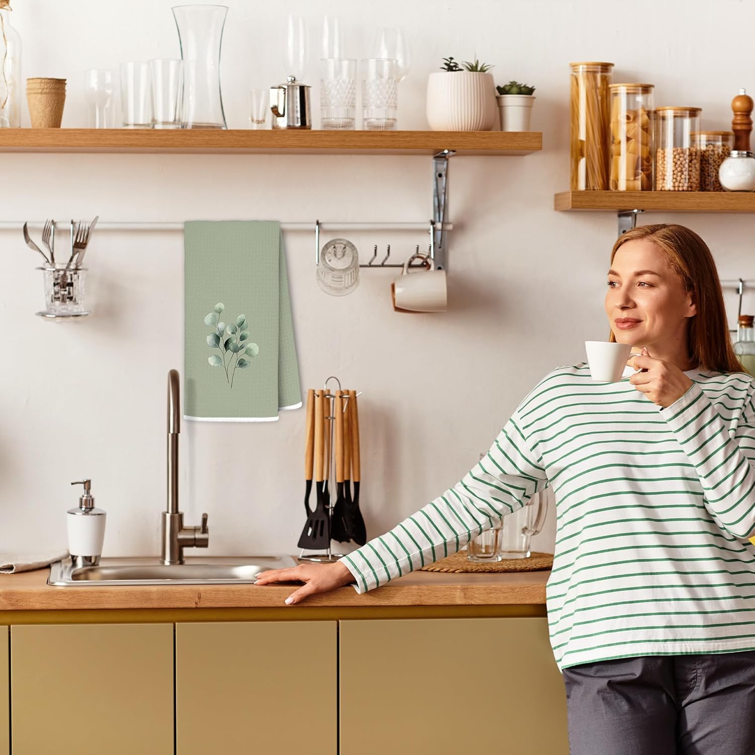 Vintage Sage Green Eucalyptus Bathroom Hand Towels, Farmhouse Cottagecore Green Leaves Botanical Decorative Hand Towels for Bathroom, 16x24 Inch - Image 4