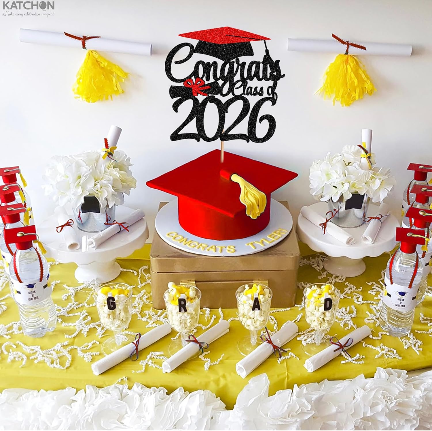 Katchon, Glitter Graduation Cake Topper Class of 2026 - Congrats Grad Cake Topper | Class of 2026 Cake Topper, Red and Black 2026 Graduation Decorations | Grad Dessert Topper