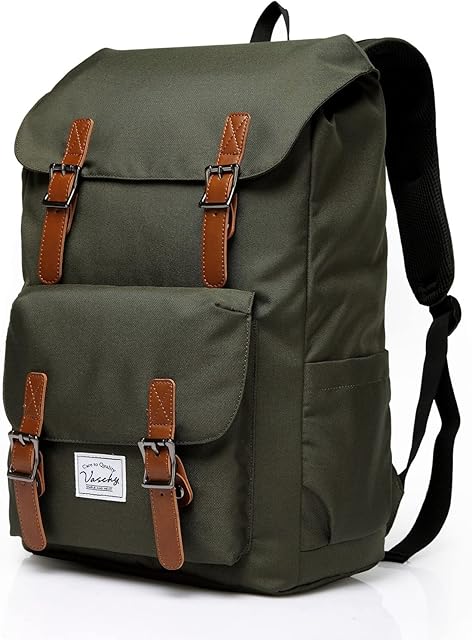 Backpack Mens, VASCHY 26.L Large Capacity School Rucksack for Womens Unisex Vintage 15.6inch Laptop Backpack Water Resistant Casual College School Bag for Work Travel University Sports(Green)