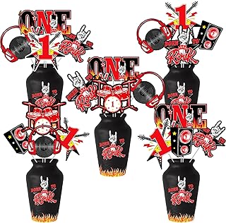 24 Pieces One Rocks 1st Birthday Centerpieces Sticks for Boy Girl, Rock and Roll Table Toppers First Birthday Decorations, Red Black Music Themed 1 Year Old Baby Party Supplies