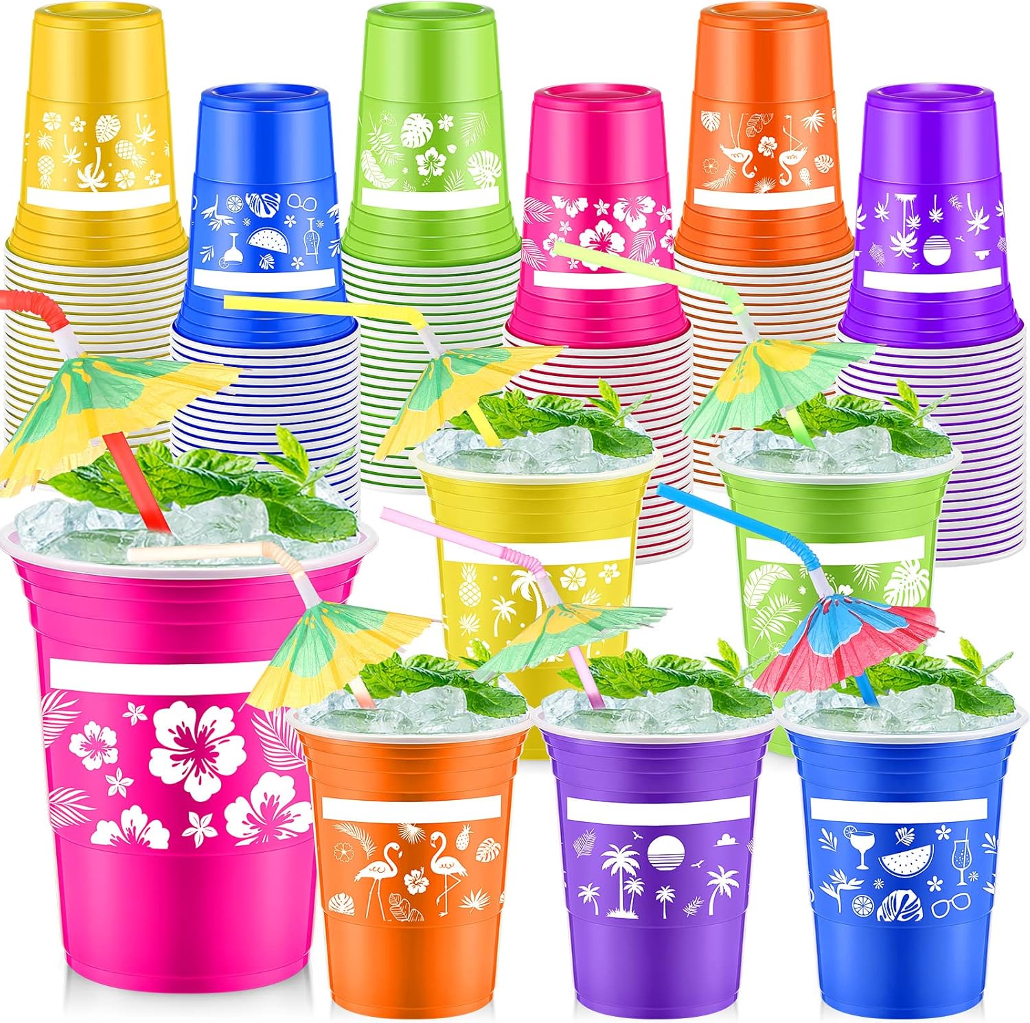 Hoolerry 48 Pcs 16 oz Disposable Luau Cups 6 Color Plastic