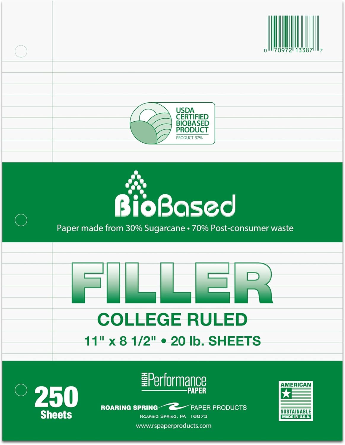 Roaring Spring BioBased Recycled College Ruled Loose Leaf 3 Hole Punched Filler
