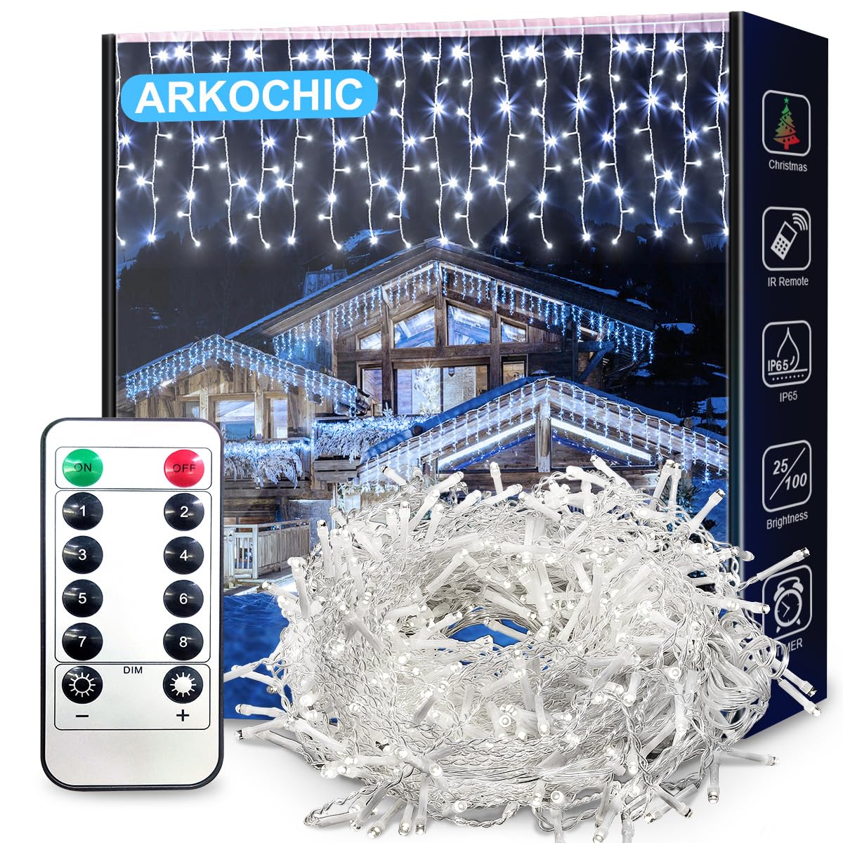 ARKOCHIC Cortina Luces Navidad Exterior, 10M 400LED luces navidad de IP64 Impermeable con 8 Modos Navidad Decoración de Interior y Exterior para Fiestas,Bodas,Jardín,Balcon,Ventana, Blanco Frío