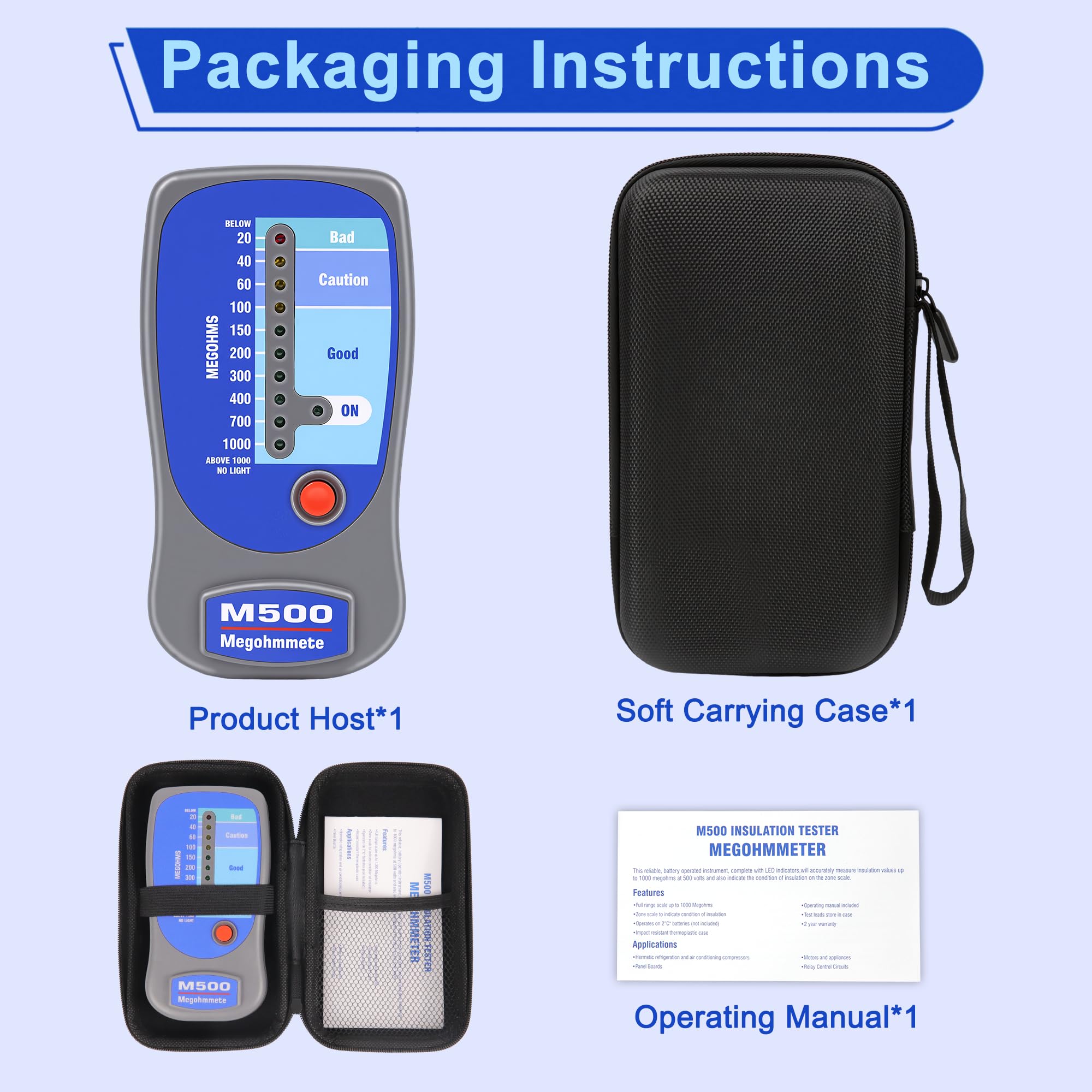 Insulation Tester Megohmmeter, 1000 Megohms at 500V, Compatible with Supco M500, Professional HVAC Tool for Compressor & Motor Windings, LED Zone Scale Indicator, Impact Resistant with Soft Case — Amazon image 7