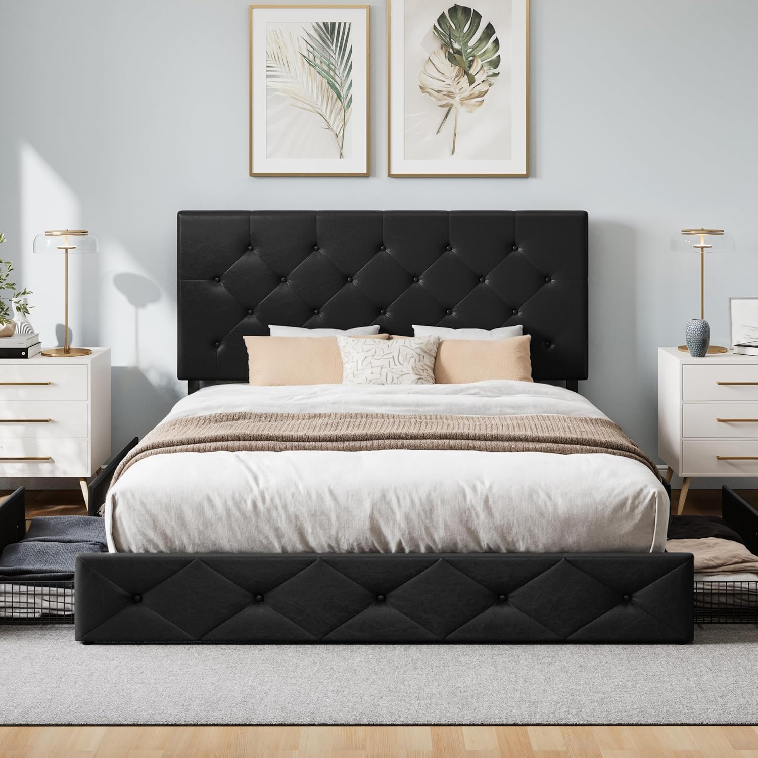 WEEWAY Queen Size Platform Bed Frame with 4 Storage Drawers, Diamond-Stitch Button Tufted Headboard, Sturdy Wooden Slat Mattress Foundation, No Box Spring Needed, Easy Assembly, Black
