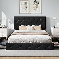 Vista 79 de WEEWAY Base de cama de plataforma de tamaño matrimonial con 4 cajones de almacenamiento, cabecera capitonada con botones de costura de diamante