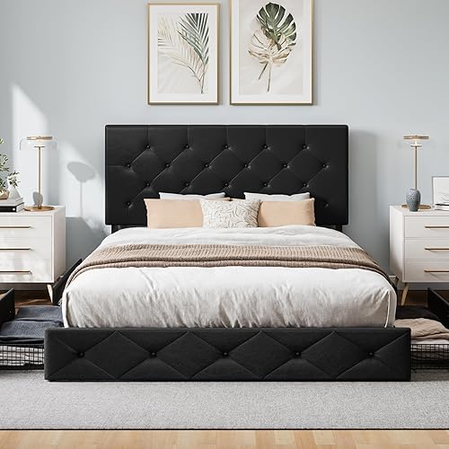 Miniatura 100 de WEEWAY Base de cama de plataforma tamaño Queen con 4 cajones de almacenamiento, cabecera capitonada con botones de costura de diamante, base de