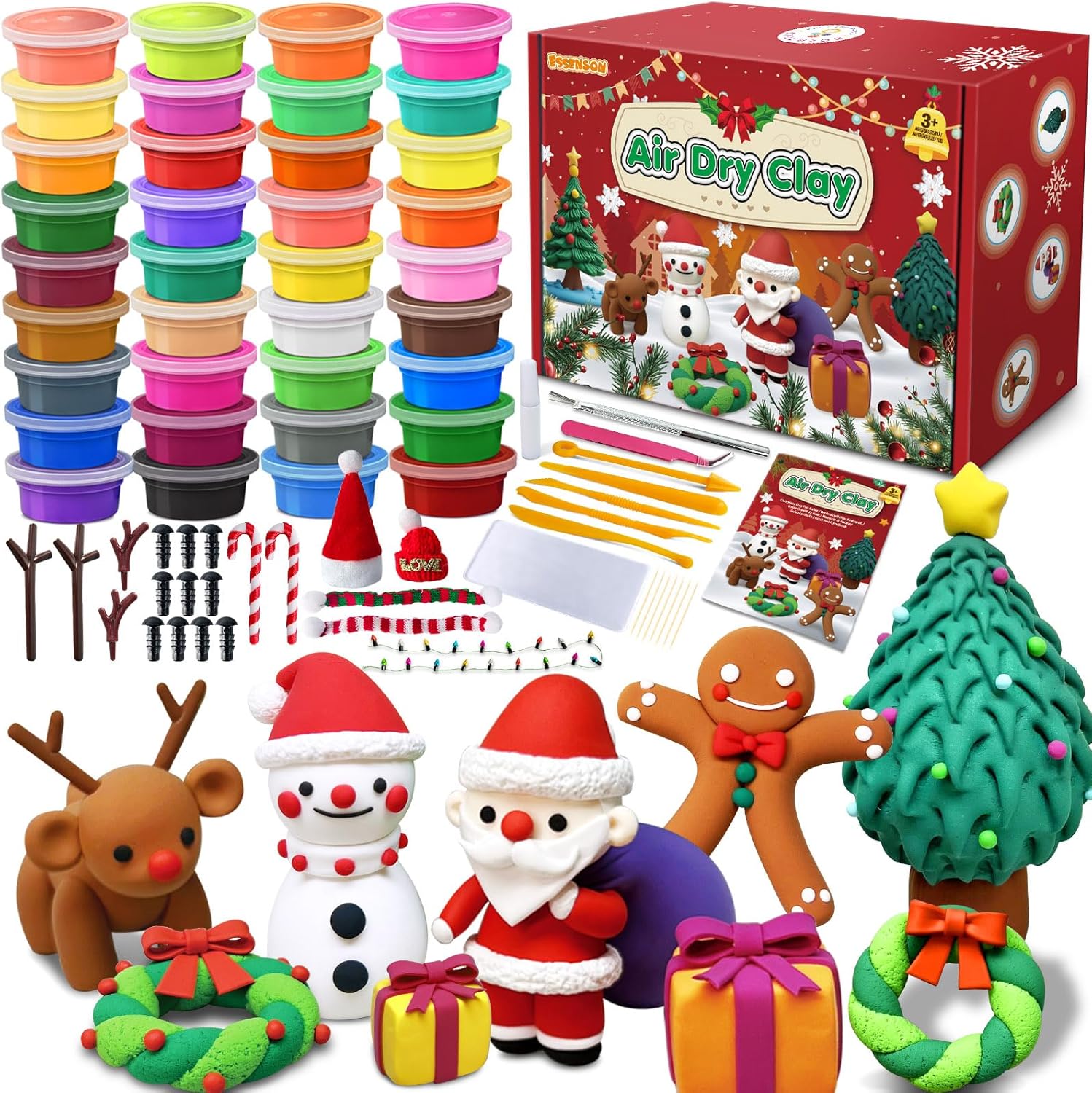 ESSENSON Air Dry Clay Christmas Crafts Kit, 36 Colors DIY Modeling Clay Craft Set with Accessories, Christmas Stocking Stuffers for Kids, Xmas Gift for Girls Boys
