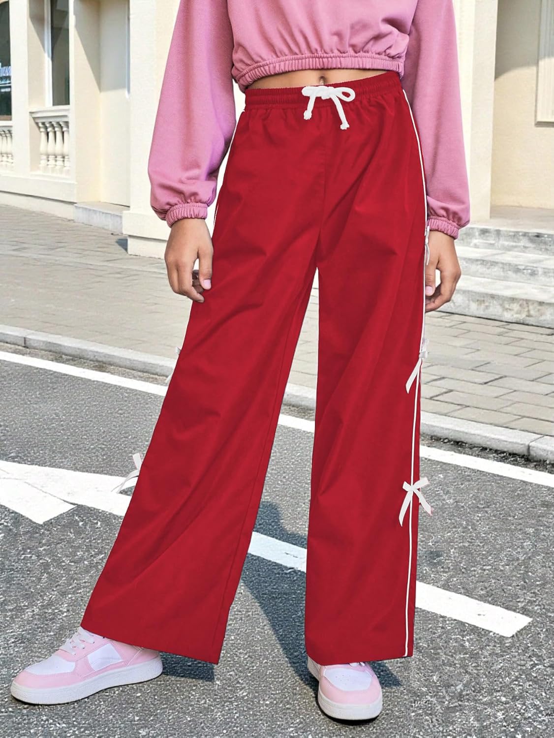 WDIRARA Girl's Bow Side Waist Track Pants Cute Wide Leg Trousers
