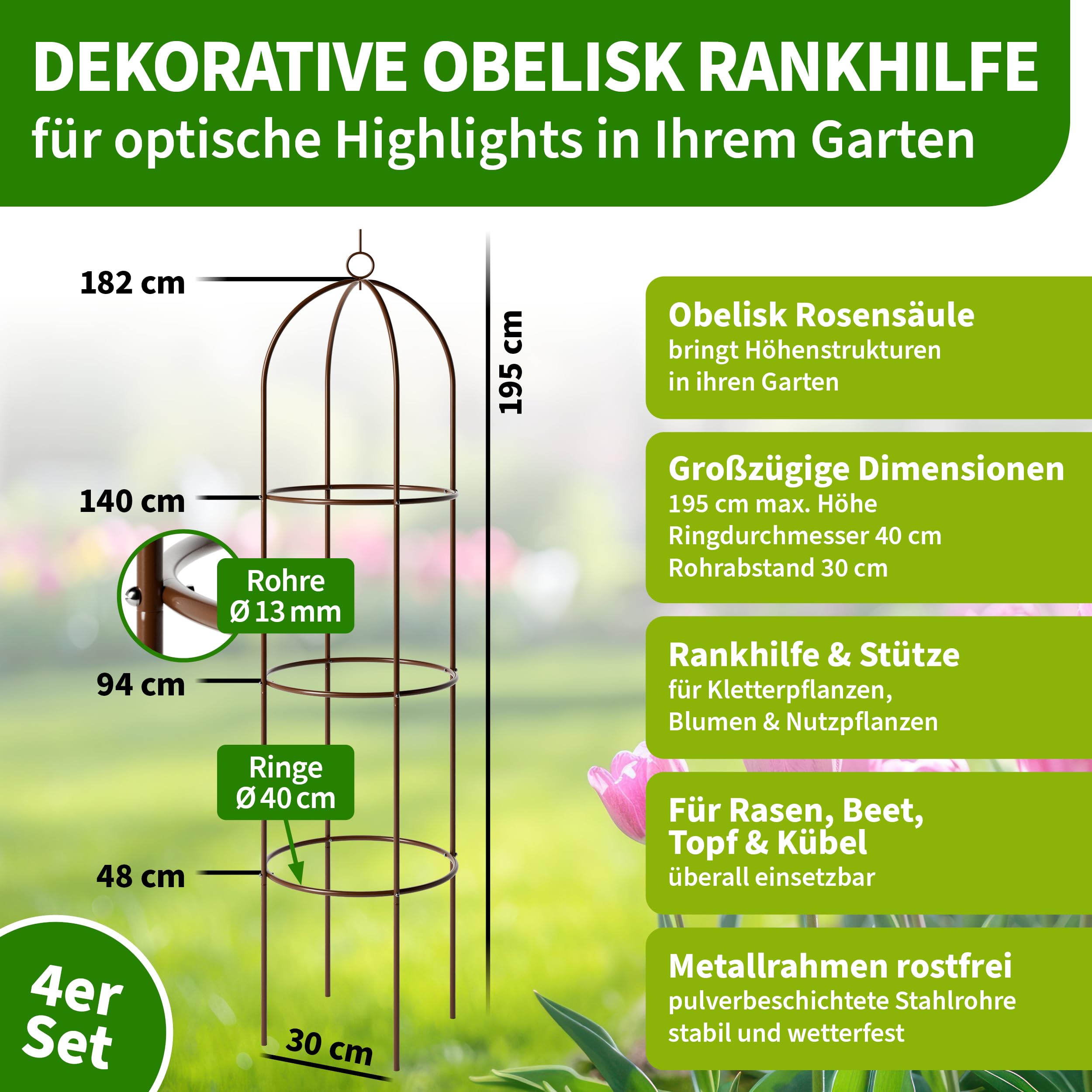 TTL Garden Obélisk Lot de 4 tuteurs XL 195 x 40 cm marron – Roses treillis en métal inoxydable pour plantes grimpantes, roses, clématites, en acier revêtu par pulvérisation, 195 cm de haut, 40 cm de