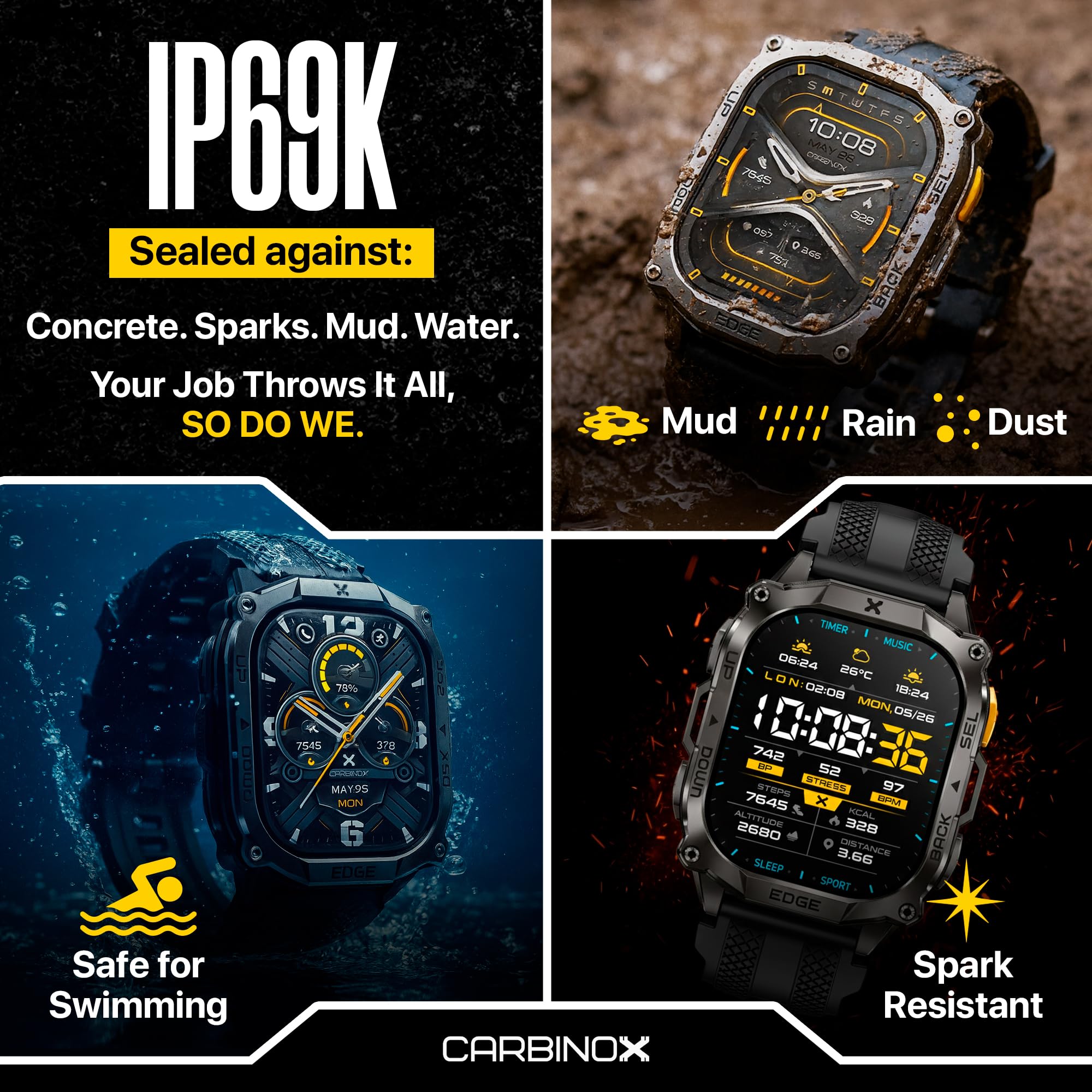 CARBINOX Edge Smartwatch, robust, 4,9 cm (1,96 Zoll) AMOLED, Edelstahl, IP69K/5 ATM, Fitness-Tracker, Dual-Band GNSS, 500 mAh, Bluetooth-Anrufe, Smartwatch für Android-Handys, iOS (Silver Ultimate