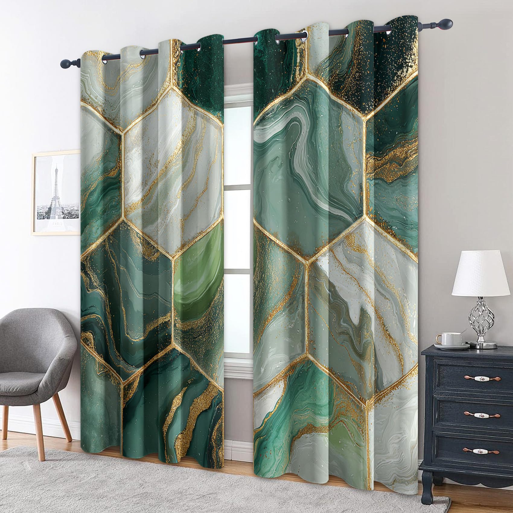Marmor Vorhänge Mit ösen Blickdicht, Modern Grün Geometrisch Vorhang Schlafzimmer Wohnzimmer Küche 110 x 215 cm Lang, Übergardinen Innen Verdunklungsvorhänge