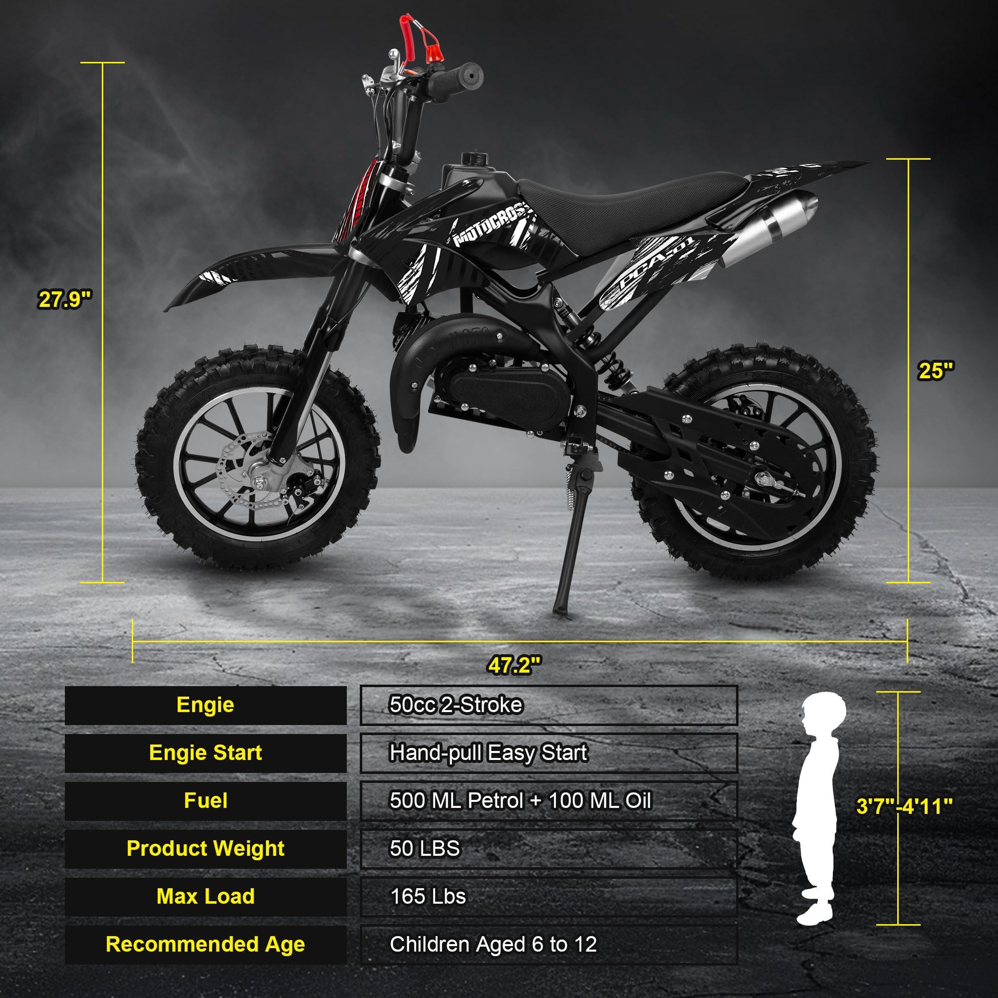 50cc Kids Dirt Bike,Dirt Bike for Kids,Gas Dirt Bikes with 2-Stoke,Off Road Motorcycle for kids 5-17 with Front/Rear Disc Brakes, Shock Absorption, Soft Seat Cushion