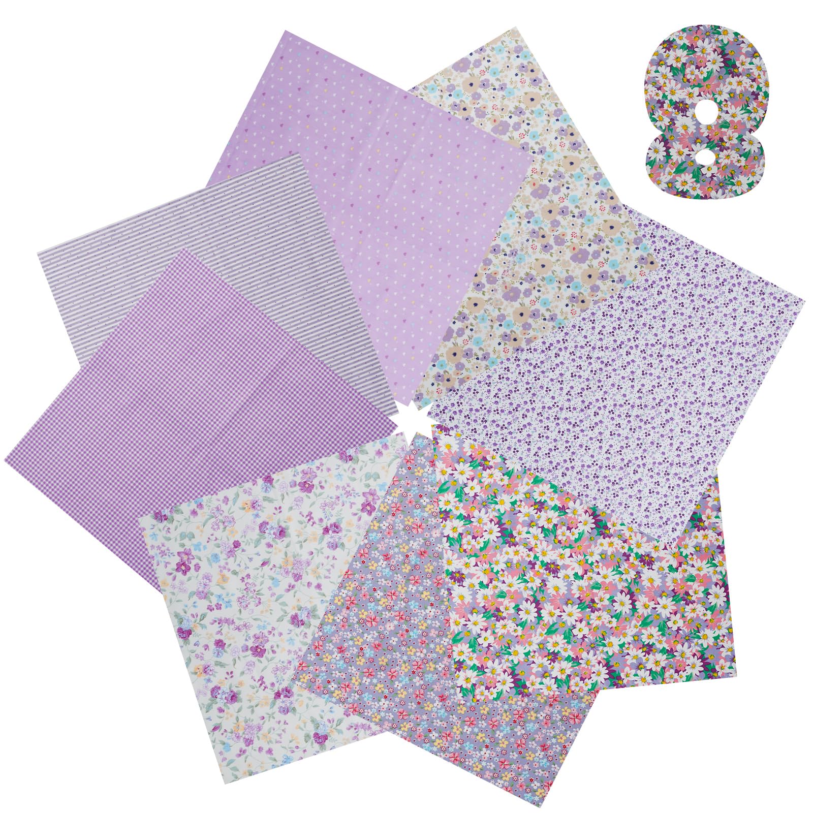 8Pcs Fat Quarters Fabric Bundles, 50x50cm Precut Cotton Quilting Fabric Sheet for Quilting Projects,Soft Natural Material for Sewing, DIY Crafts, Patchwork, Home Decor ﻿(Purple)