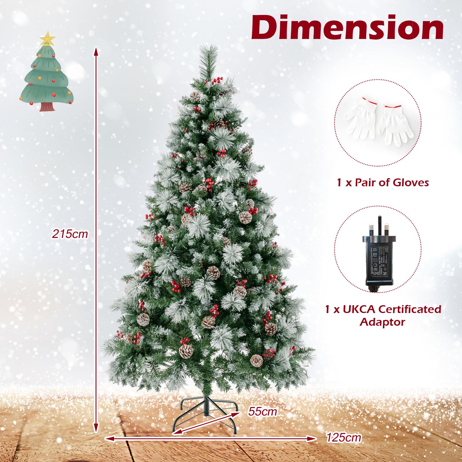Weihnachtsbaum, LED-Lichter, schneebedeckte PVC-Spitzen, Kiefernnadeln, rote Beeren(7FT)