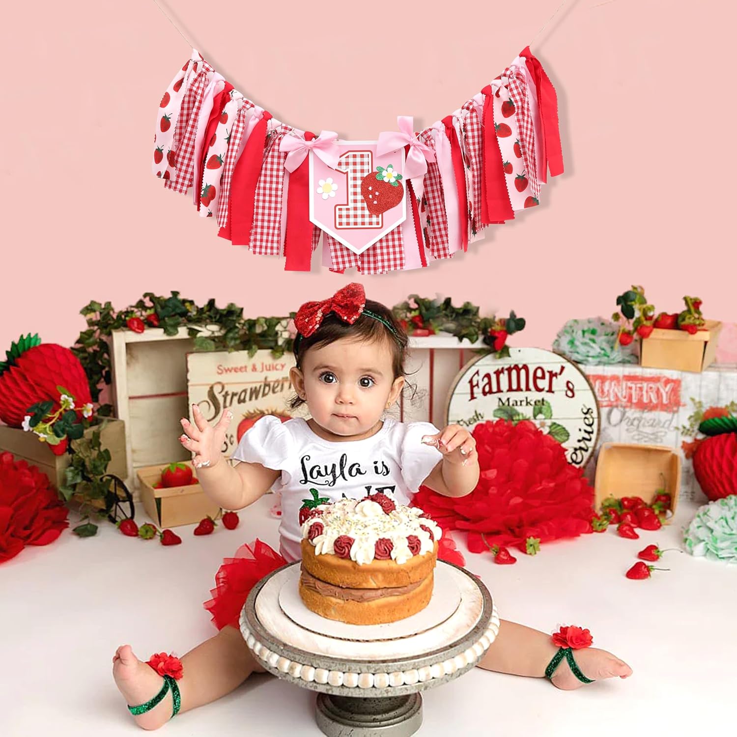 Strawberry 1st Birthday High Chair Banner - Strawberry 1st Party Decoration,Sweet First Birthday Banner,Cake Crush Photo Prop - Image 4