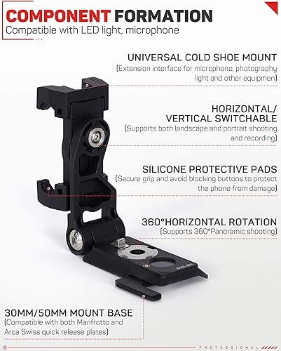 Miniatura 6 de IFOOTAGE Adaptador universal de montaje de trípode para teléfono con zapata fría, soporte de teléfono celular de rotación de 360 para trípode,