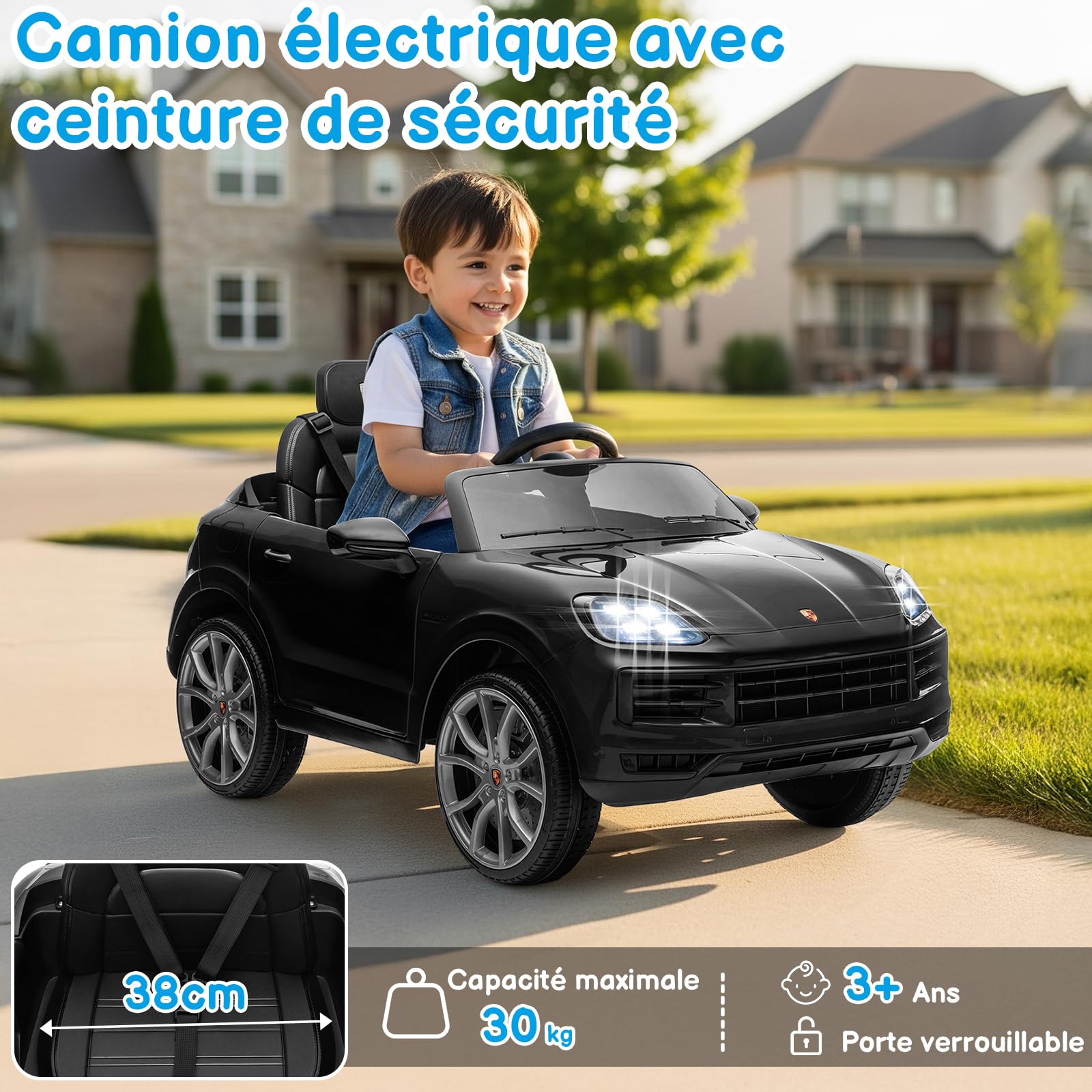 LALAHO Porsche Cayenne Enfant 12V Noir télécommande parentale lumières