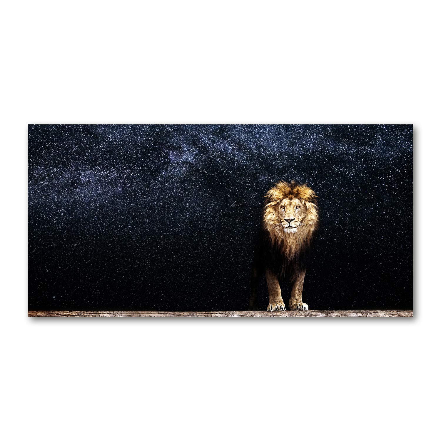 Tulup Brown Glass Picture Wall Art - 100X50cm - Tempered Glass Decoration - Print For Living Room Bedroom - Toughened Glass Image - Glass Picture Wall Art - A Lion On The Background Of Stars