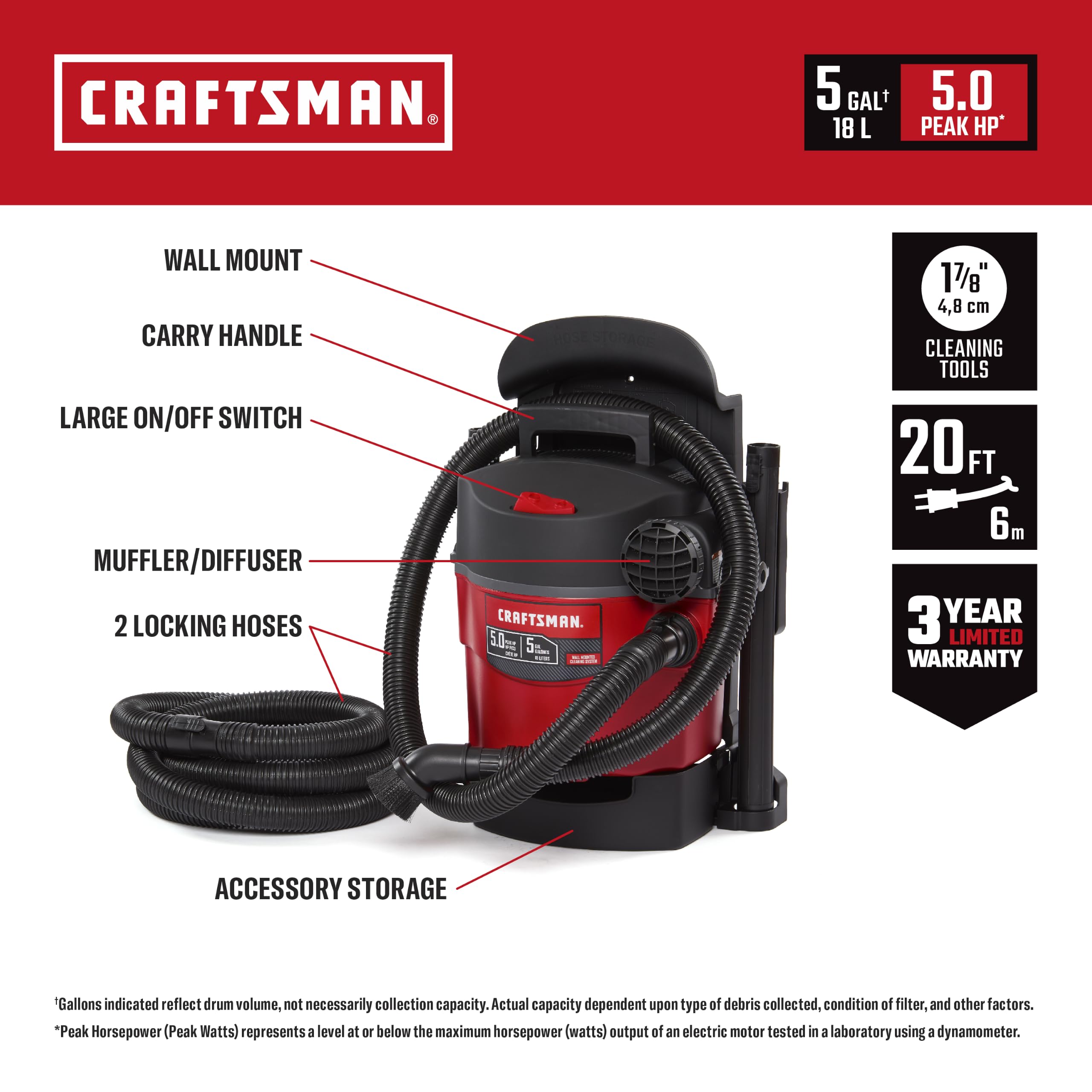 CRAFTSMAN CMXEVBE17925 - Aspiradora para tienda en seco y húmedo (5 galones, 5.0 Pico HP