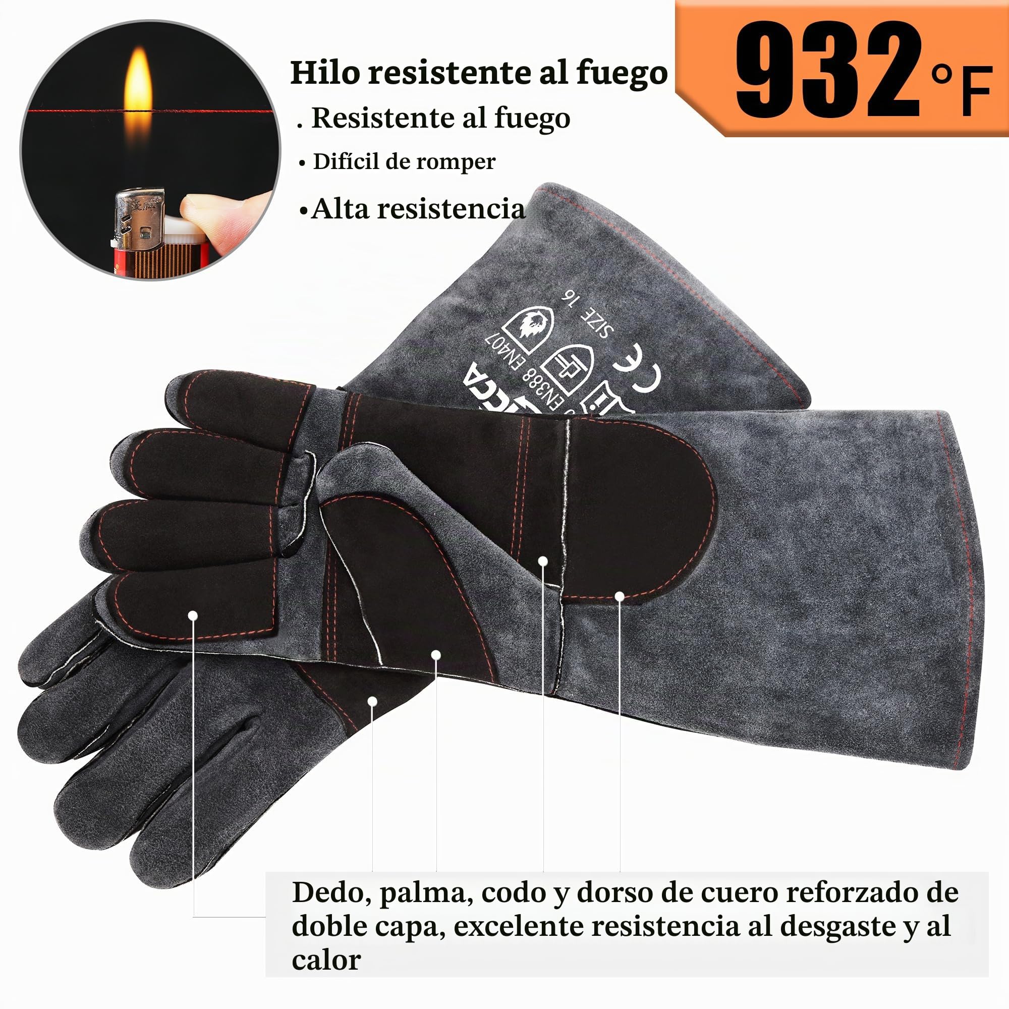 RAPICCA Guantes de soldadura de cuero Forge/Mig/Stick resistentes al calor/fuego, guantes para horno/parrilla/chimenea/horno/soldador/barbacoa/guante de manipulación de animales Gris-Negro 40.6cm