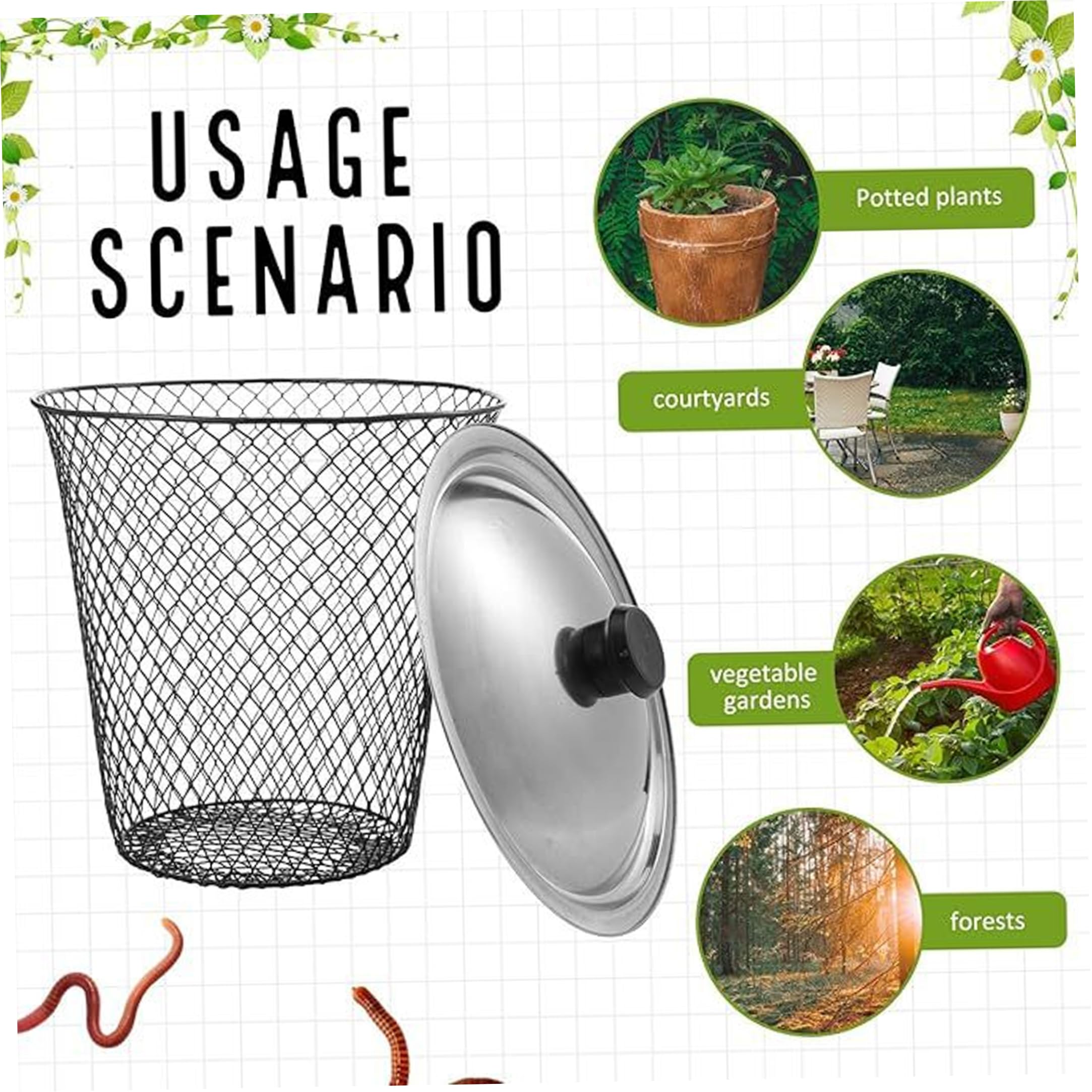 Kit de composteur de vers en Maille métallique avec Couvercle dans Le Sol, idéal pour Le compostage Jardin extérieur, 4 pièces