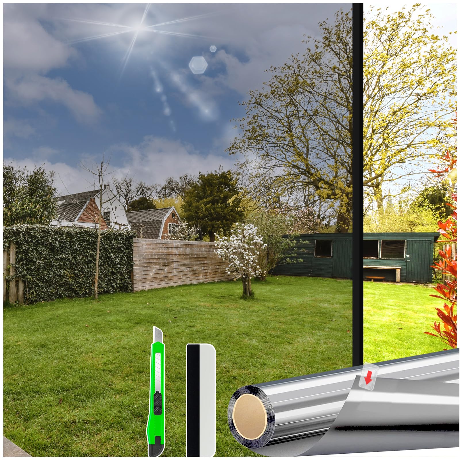 HONLONE UV Folie Fenster 90x200cm Spiegelfolie Fenster Sichtschutzfolie, Fenster Folie Blickschutz, Statische Fensterfolie Sichtschutz, Folie für Fenster Einseitig Blickdicht Hitzeschutzfolie Silber