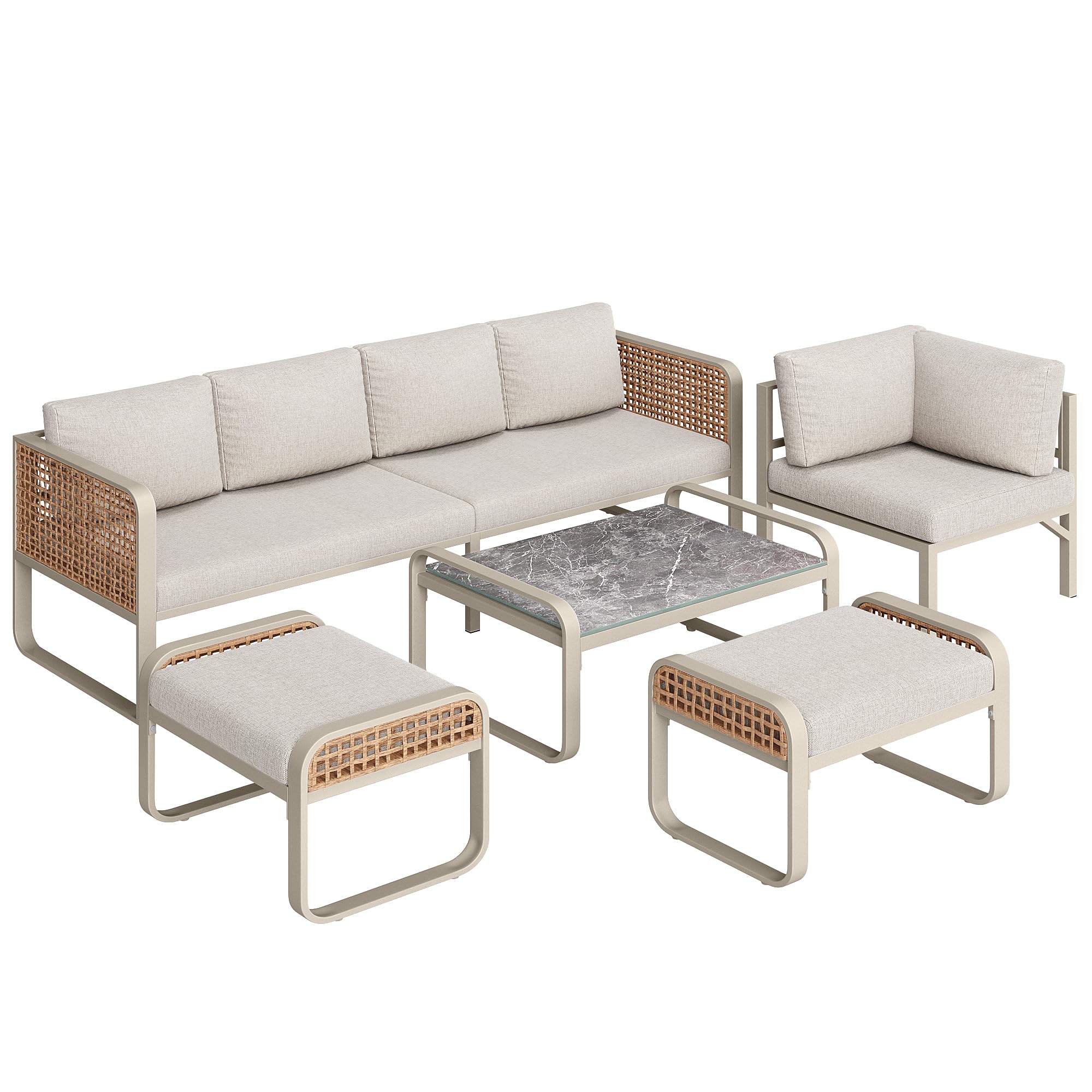 Ensemble salon de jardin extérieur pour 6-7 personnes, canapé de jardin, canapé d'angle avec structure en fer galvanisé, pieds réglables, y compris tous les coussins d'assise et de dossier, beige