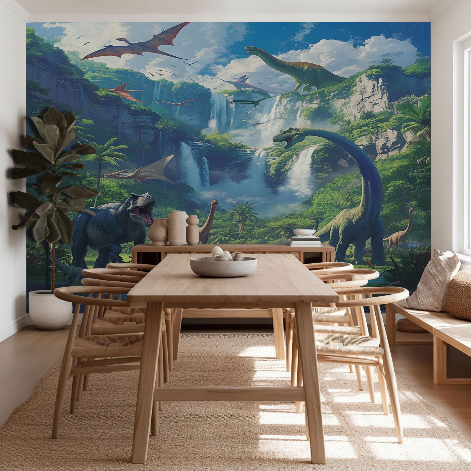 Tapete Fototapete 3d Effekt Dinosaurier Mit Tiermotiv Wandbild Wanddeko für Wohnzimmer Schlafzimmer, GrüN Vlies Tapeten mit Geruchsfreiheit Wandposter Wandkunst, 350x256cm