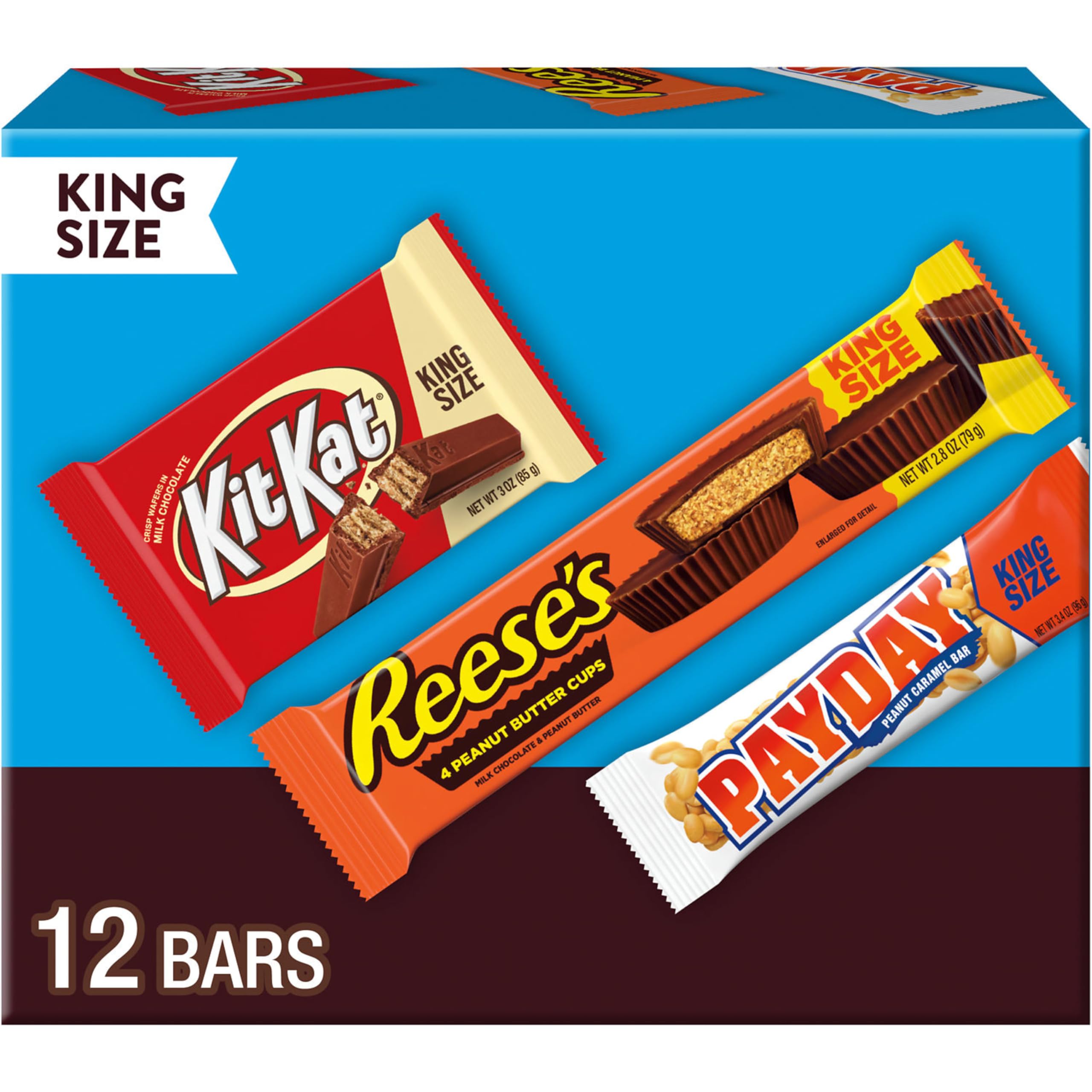 KIT KAT, PAYDAY and REESE'S Assorted Flavored King Size, Candy Variety Box, 36.8 oz
