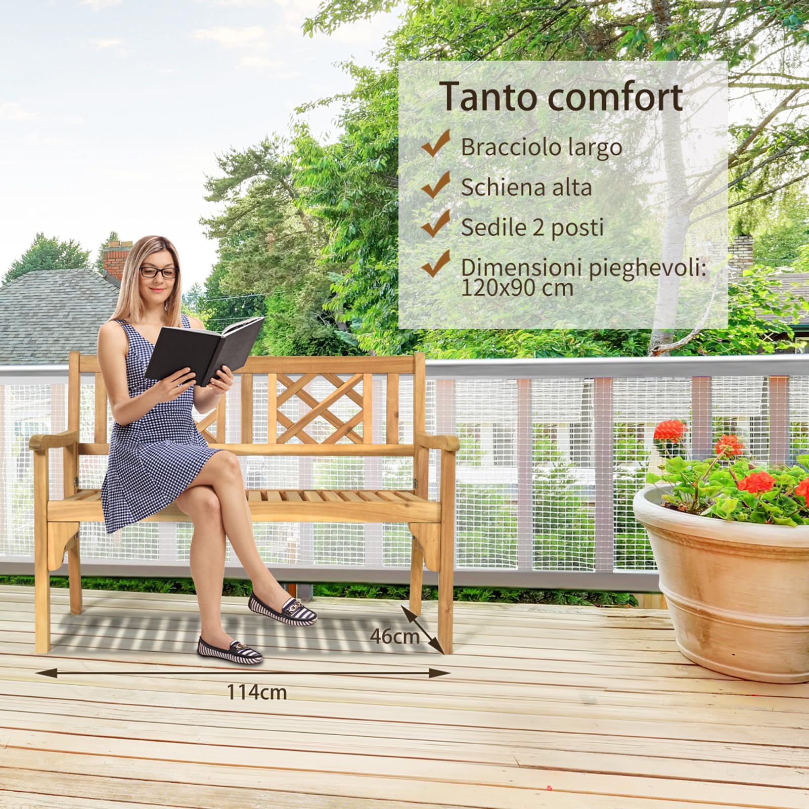 COSTWAY Panchina da Esterno Pieghevole, Panca da Esterno in Legno Massello con Schienale Curvo e Braccioli, Panchina per Giardino, Portico e Balcone, 120 x 56 x 90 cm