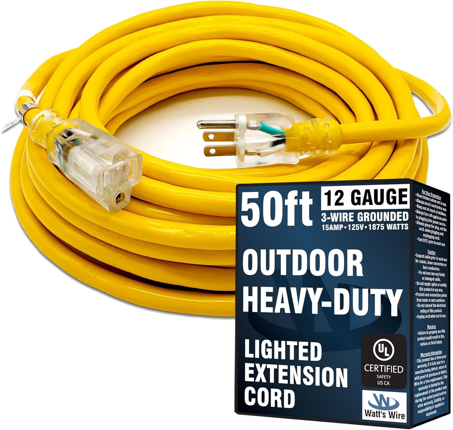 50 ft Outdoor Extension Cord Waterproof - 12 Gauge Heavy Duty Extension Cord 50 ft - Lighted Outdoor Extension Cords - Watts Wire - 50' Grounded - extensiones electricas