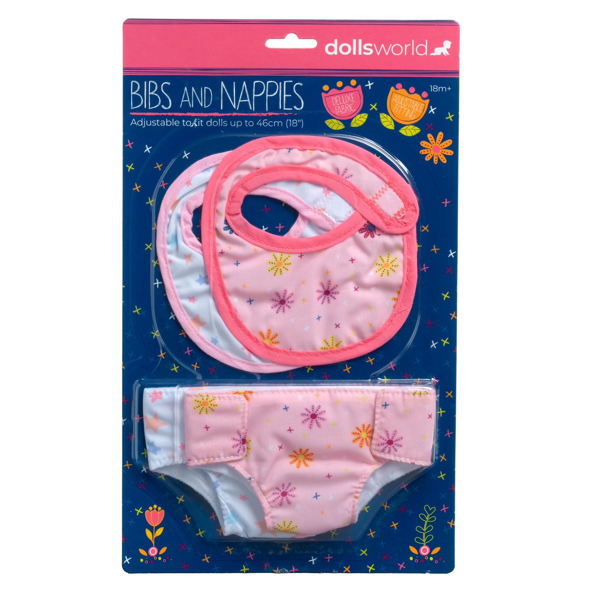 Dolls World from John Adams | Bibs and Nappies Set | 2 Fabric Bibs & 2 Fabric Baby Doll Nappies for Dolls Up to 46cm (18") | Doll Feeding Accessories for Toddlers 18 Months+