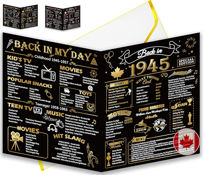 80岁生日贺卡 - 怀旧1945年，金色装饰，适合男女的幽默生日礼物