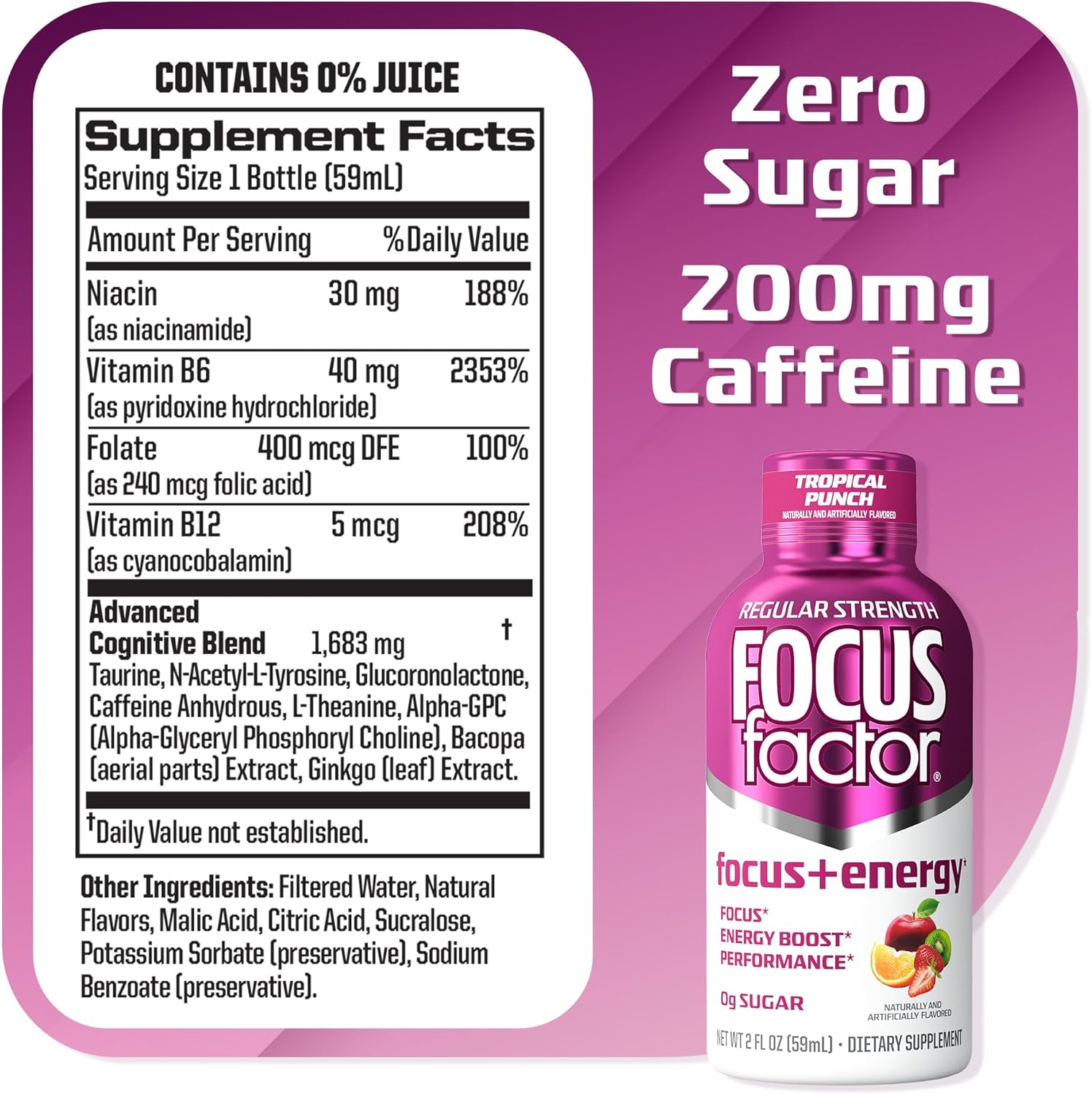 Focus Factor Focus + Energy Shots - 12 x 2oz Bottles (Tropical Punch Flavor) - Powered by Nootropics with Caffeine, L-Theanine, Ginkgo, Bacopa, L-Tyrosine, Alpha GPC - Image 2