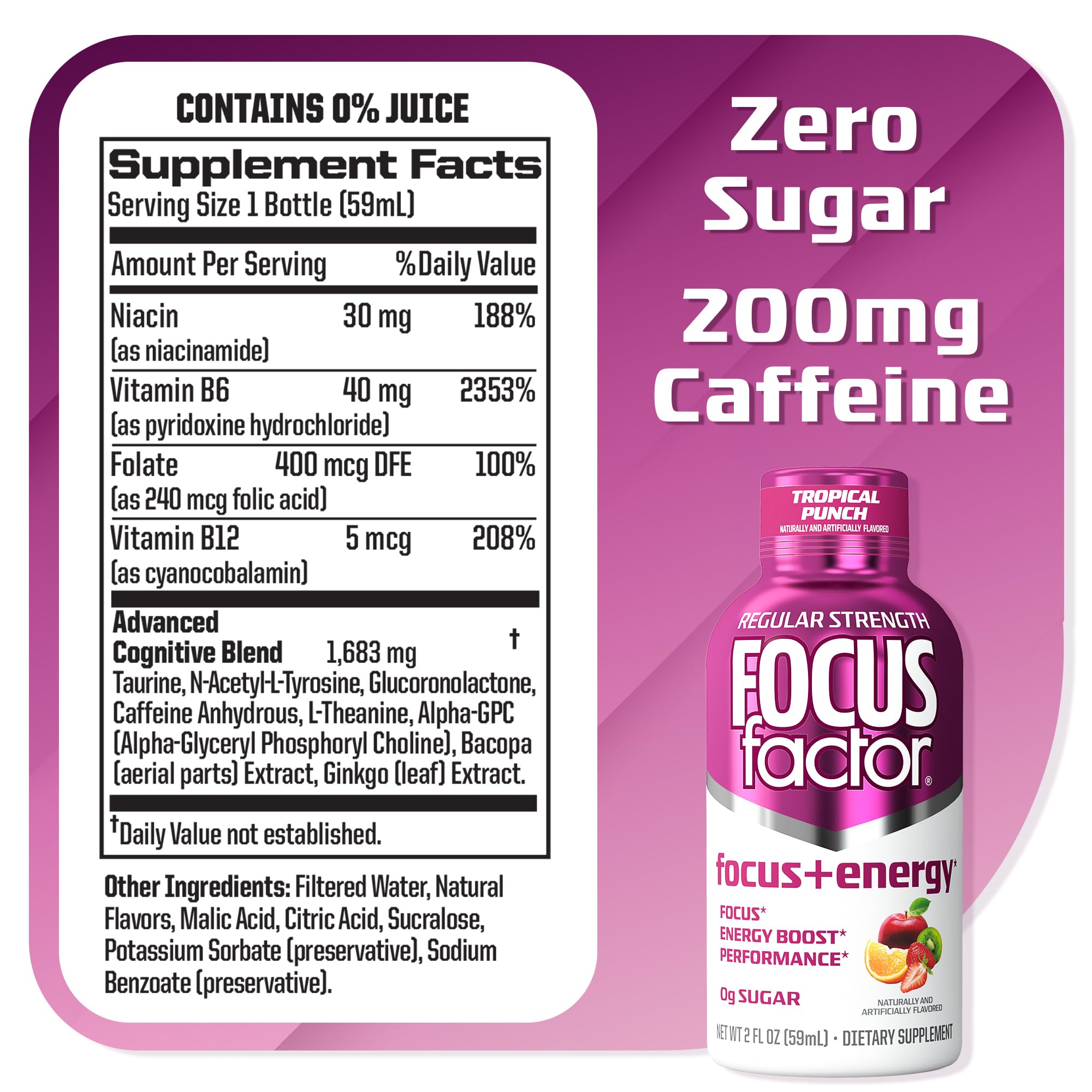 Focus Factor Focus + Energy Shots - 12 x 2oz Bottles (Tropical Punch Flavor) - Powered by Nootropics with Caffeine, L-Theanine, Ginkgo, Bacopa, L-Tyrosine, Alpha GPC — Amazon image 2
