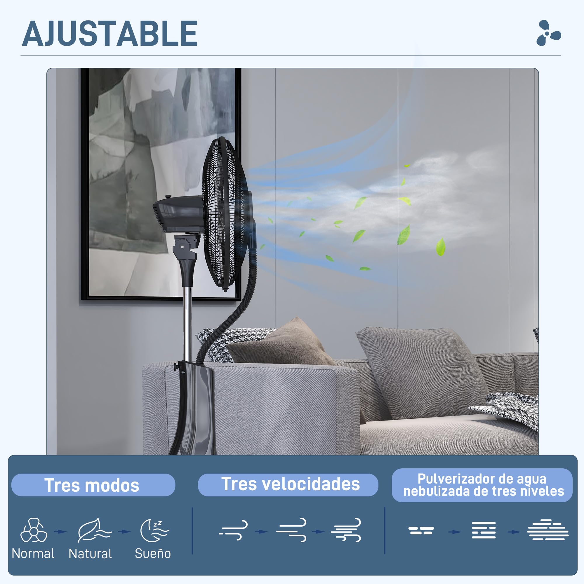 HOMCOM Ventilador Nebulizador de Agua 90 W con Mando a Distancia Ventilador de Pie Oscilante Temporizador Tanque 3L 3 Velocidades 5 Aspas y Pantalla LED Ø44,5 cm Negro