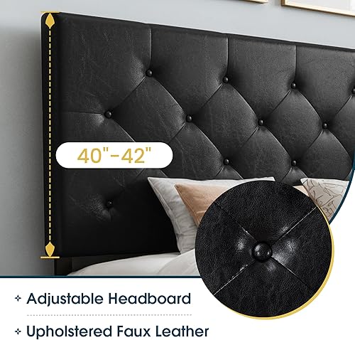 Miniatura 28 de WEEWAY Base de cama de plataforma tamaño Queen con 4 cajones de almacenamiento, cabecera capitonada con botones de costura de diamante, base de