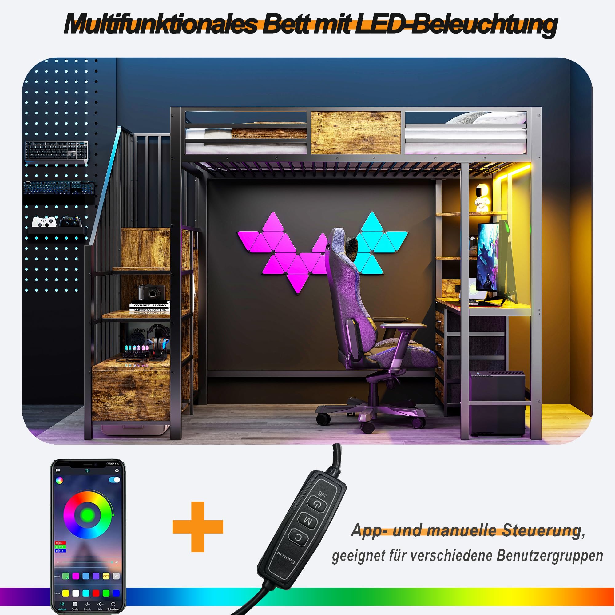 Letto a soppalco in metallo, 90 x 200 cm, in metallo, con scrivania, ripiani, appendiabiti, illuminazione a LED e presa di corrente, ideale per uffici, studio