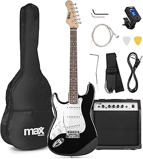 Max GigKit Linkshänder Gitarre Set, E Guitar, Elektrogitarre mit Verstärker 40 Watt, Tasche, Plektrum, Gurt, Stimmgerät, Instrumentenkabel, Ersatzsaiten, 4/4 Electric Guitar, E Gitarren Set