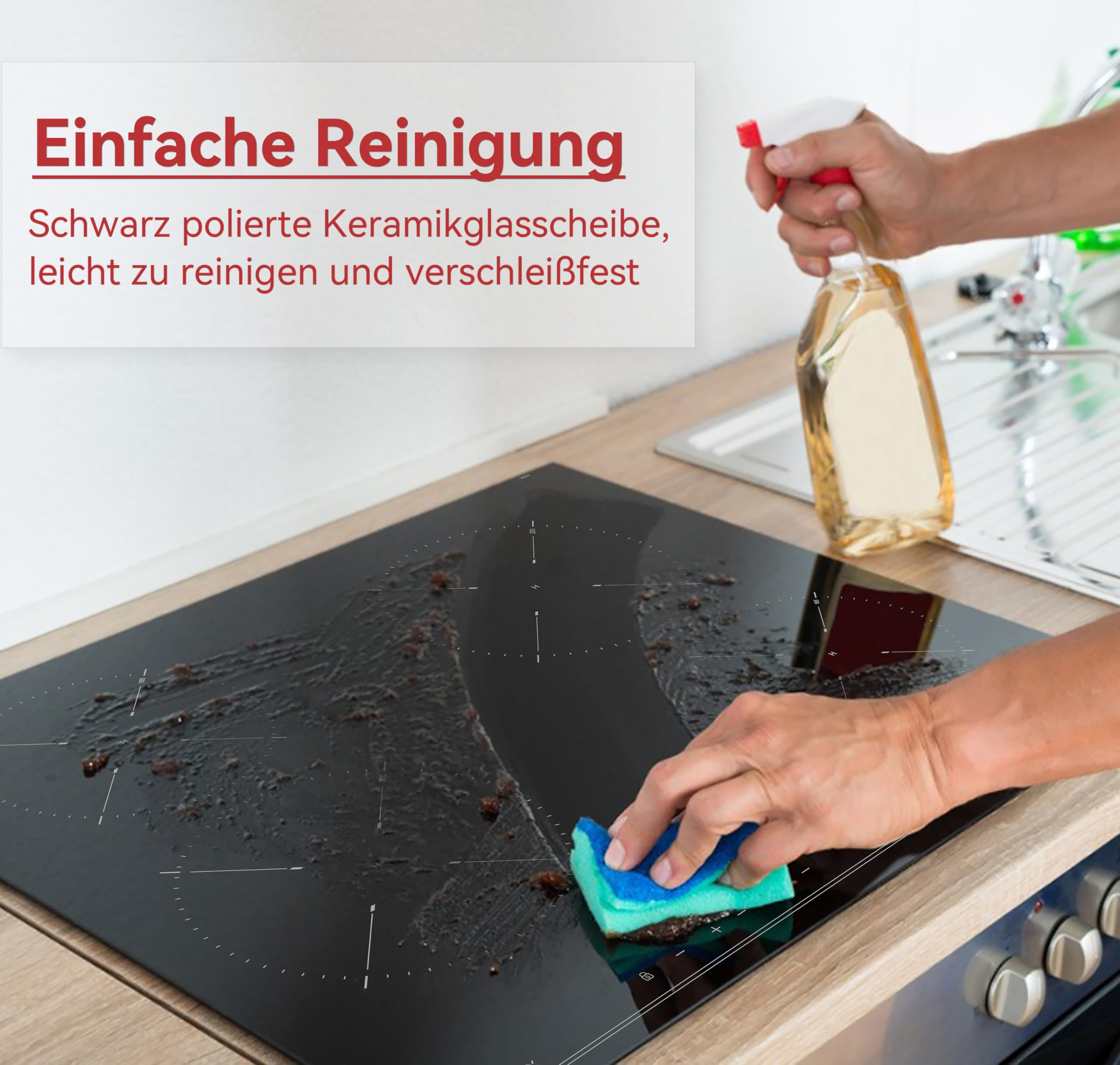 Induktionskochfeld 60cm, Eingebautes Schwarzes elektrisches Kochfeld, mit 4 Kochzonen, 9 Leistungsstufen, Geeignet für Eisen- und Edelstahltöpf