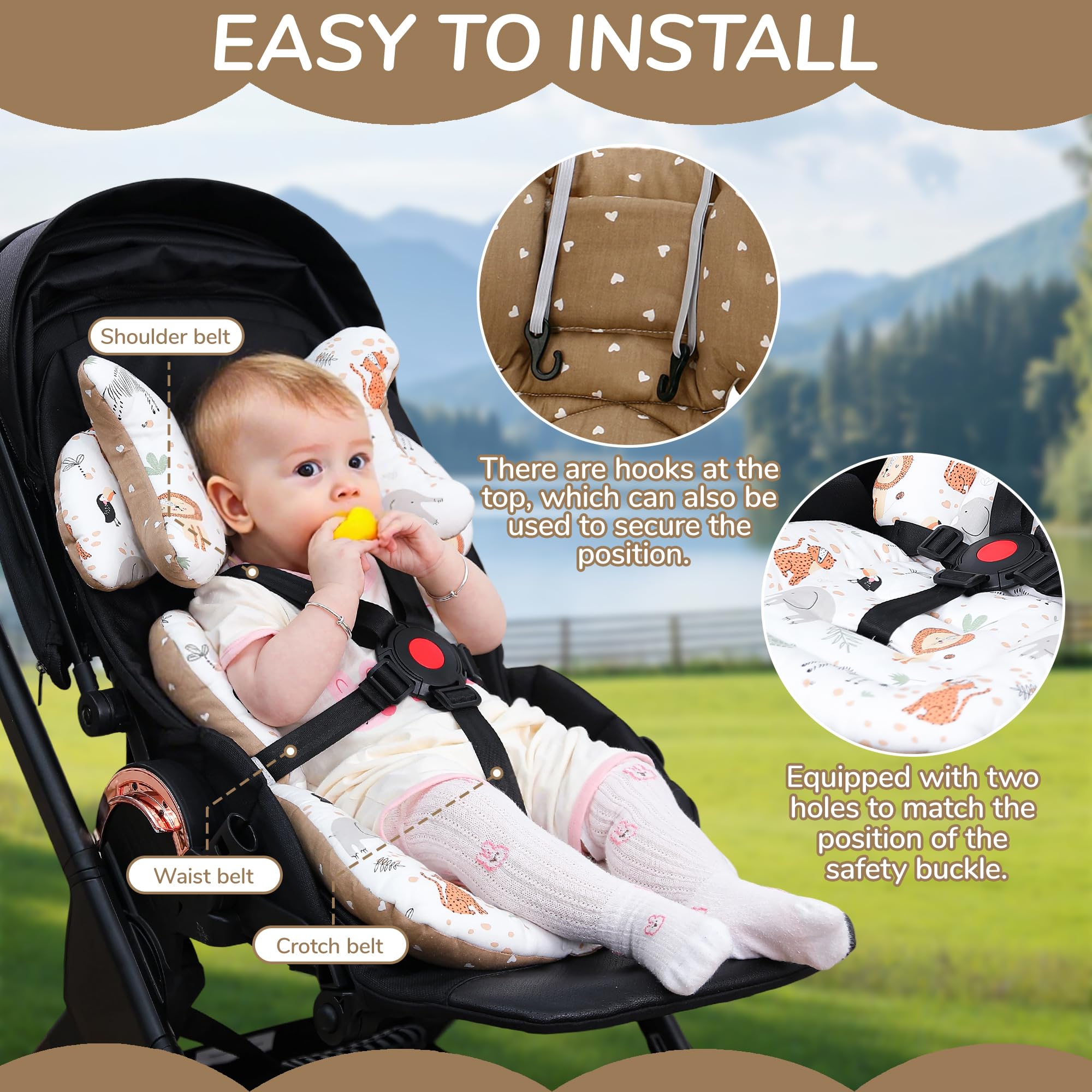 LAT Coussin Poussette Universelle, Réversible Coussin de Siège pour Poussette, Respirant Matelas Poussette Universelle, Reducteur Siege Auto Bebe Universel avec Appuie-tête Amovible (Animaux)