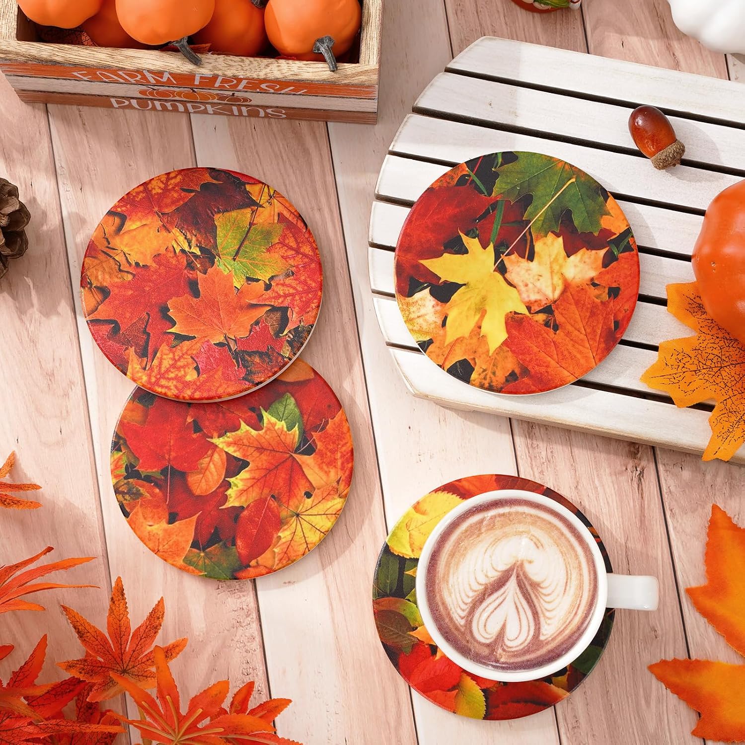 4 Pcs Fall Leaves Coasters Autumn Maple Leaf Ceramic Coasters Absorbent Thanksgiving Harvest Cup Mat for Home Kitchen Party Table Decor, Red, Yellow, Brown, Green