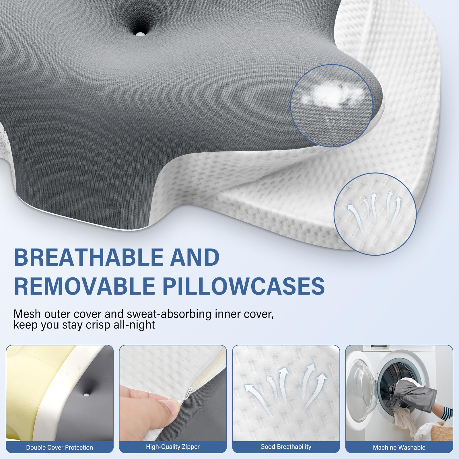 Ehomfory Almohada Cervicales y Cuello, Transpirable Almohada Cervical de Espuma Viscoelástica, 2 en 1 Almohada Ergonómica para Dormir de Lado, Boca Arriba y Boca Abajo
