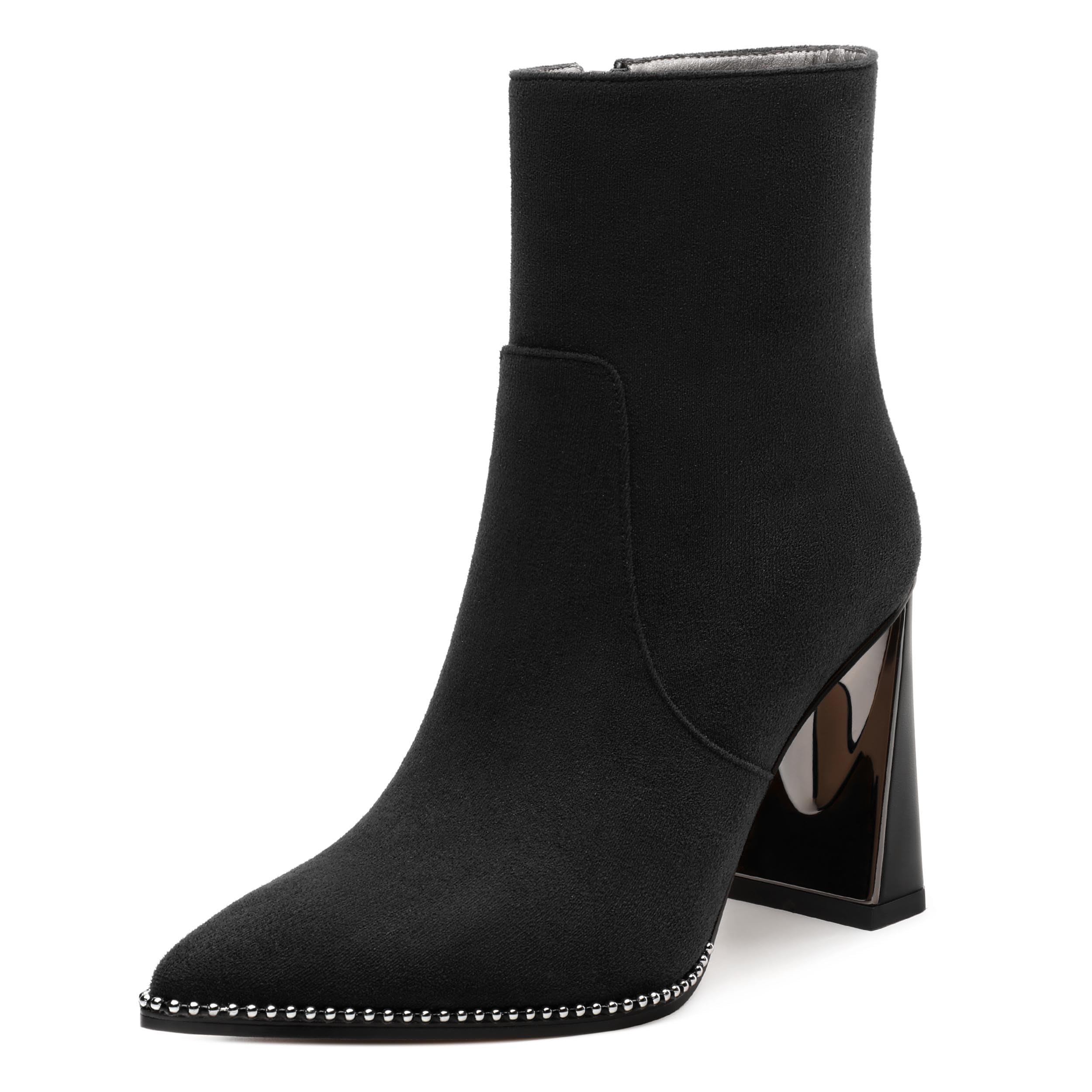 HeySoleModa Womens Heeled Ankle Boots, Pointed Toe Chunky Heel Ankle Booties for Women, Silver Beaded Short Boots with Side Zipper 3.5"