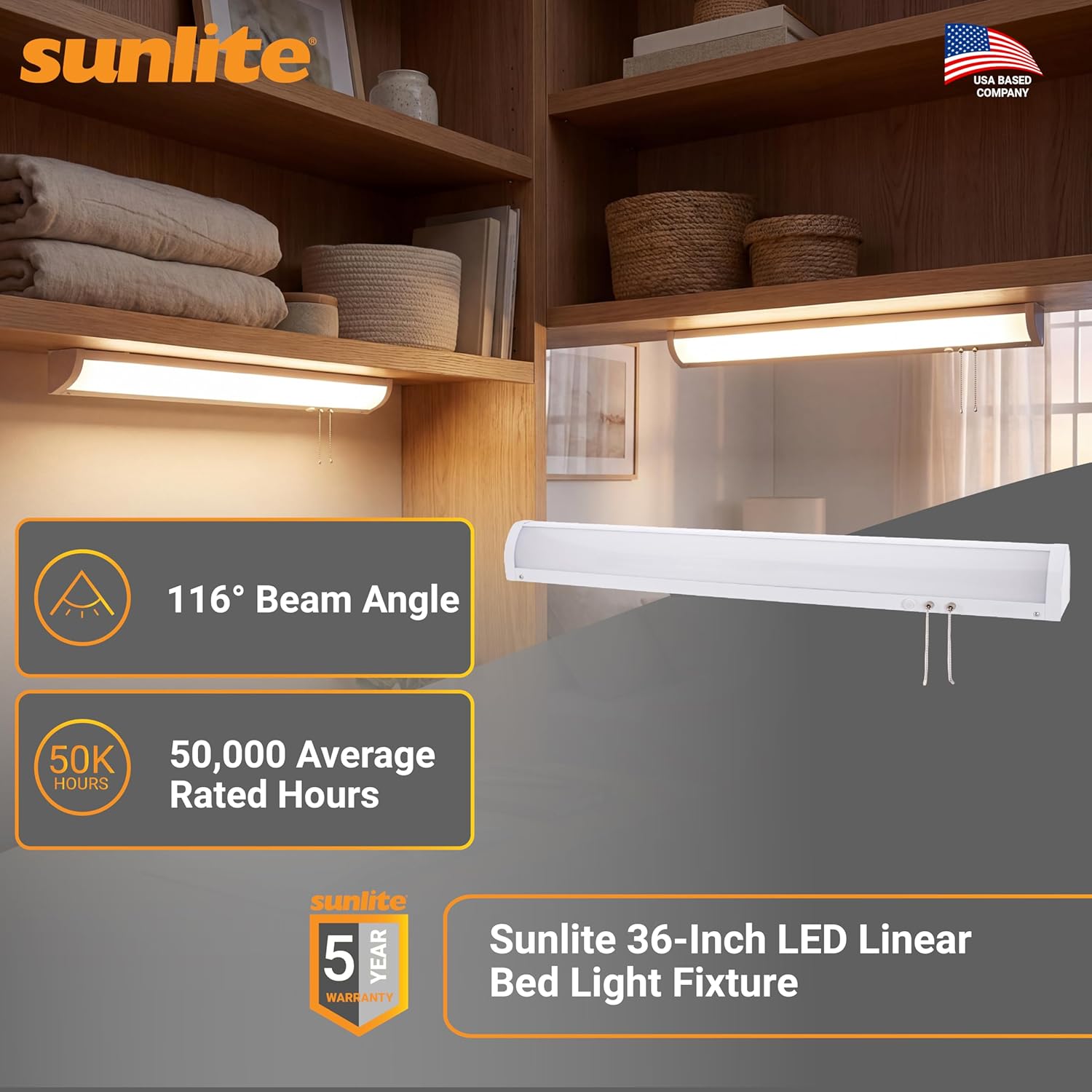 Sunlite 36-Inch LED Linear Bed Light Fixture, 15W/30W/45W, Color Selectable 30K/40K/50K, 1675-5311 Lumens, Dimmable, DLC & ETL Listed, 120V, 3-Way Switching (Up/Down), 116 Degree Beam Angle, White