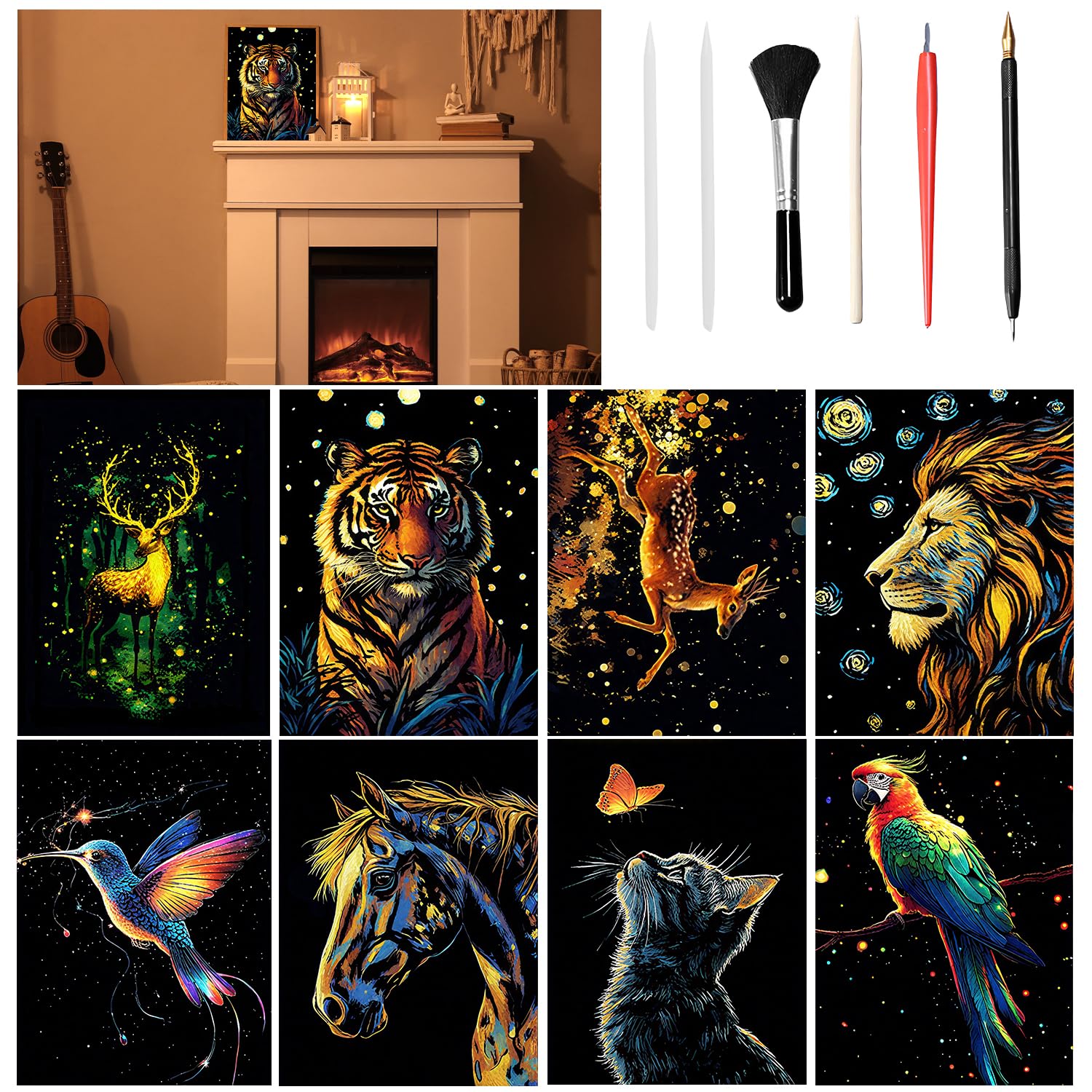 VLYX Scratch Art for Adults and Kids - 8-Piece Luminous Rainbow Scratch Notes Kit with Scratching Tools, Creative Art Supplies Children & AdultsAnimal