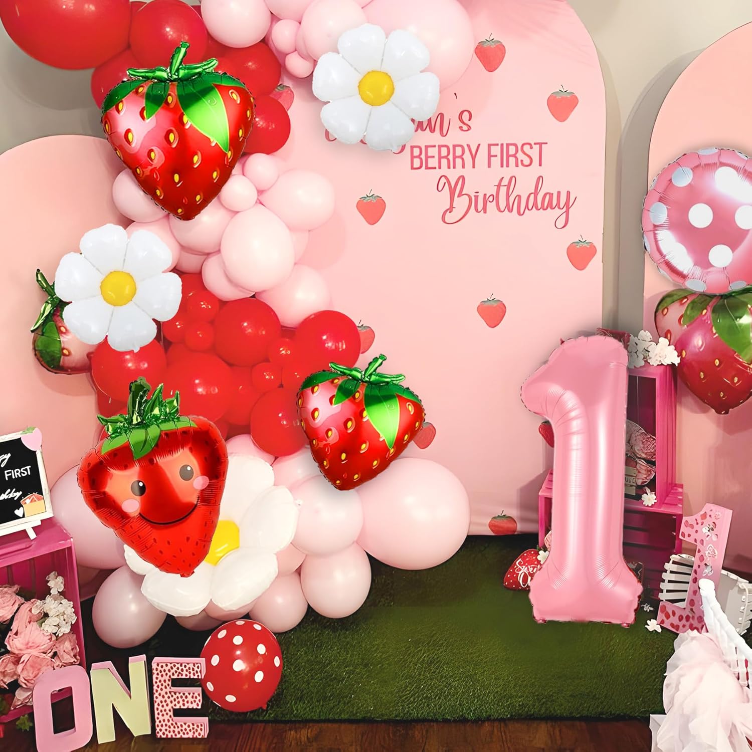 NANAGALI 7Pcs Berry First Party Decorations, 40" Pink One Balloon for First Birthday Decorations Sweet One Strawberry 1st Berry First Birthday Decor Foil Helium Balloons for Girls