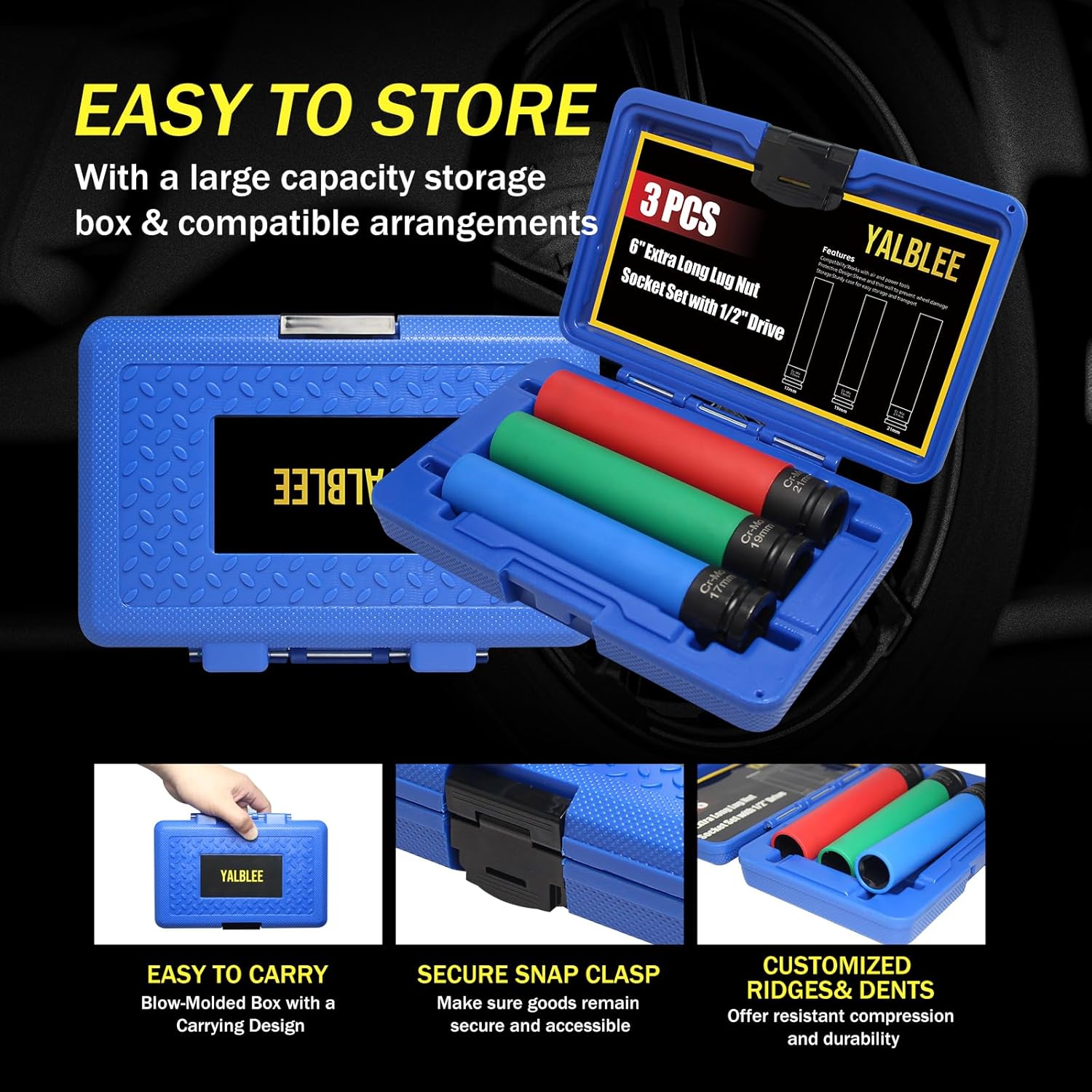 3 PCS Extra Long Lug Nut Socket Set, 1/2" Drive Impact Sockets, 17mm 19mm 21mm 6'' Metric For Thin Wall Deep Socket, Non-Marring Wheel Sockets sets with Colored Protectors Covers & Carry Case