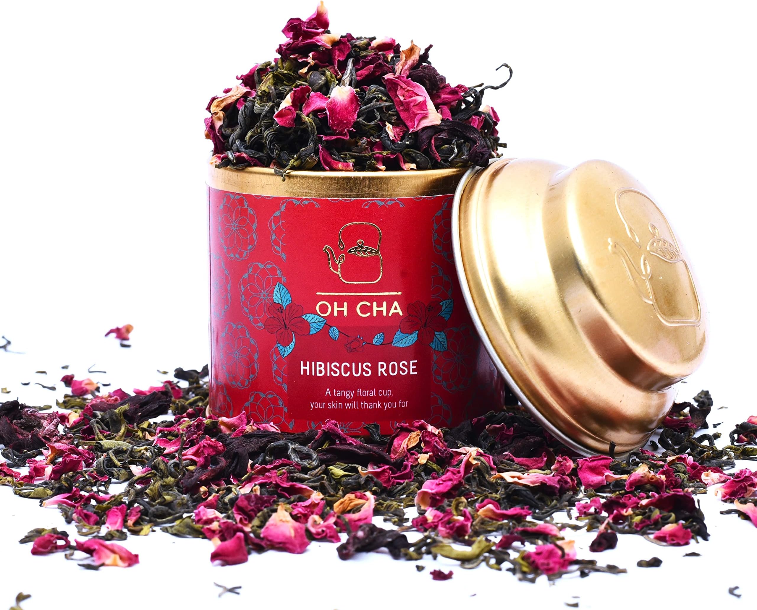 - OH CHA - Hibiscus Tea Leaves with Rose | Herbal Infusion, 35gms | Hibiscus Flower Whole Leaf with 100% Natural Whole Green Tea Leaves, Clove, Rose Petals | 100% Natural Ingredients | Packed fresh in small batches